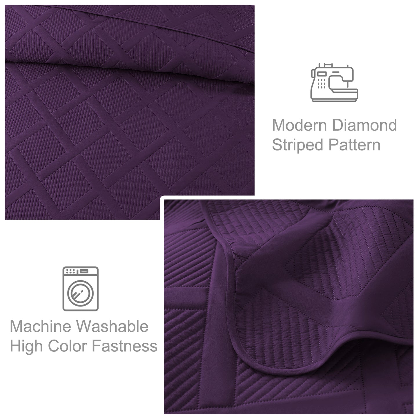 Exclusivo Mezcla Ultrasonic King Quilt Set, Lightweight Bedspreads Modern Striped Coverlet with 2 Pillow Shams, Deep Purple