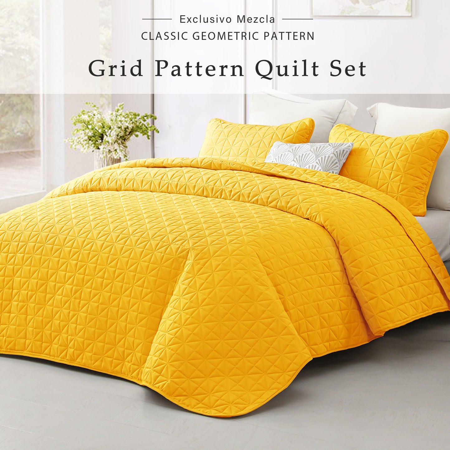 Exclusivo Mezcla King Size Quilt Bedding Set for All Seasons, Lightweight Soft Yellow Quilts King Size Bedspreads Coverlets Bed Cover with Geometric Stitched Pattern, (1 Quilt, 2 Pillow Shams)
