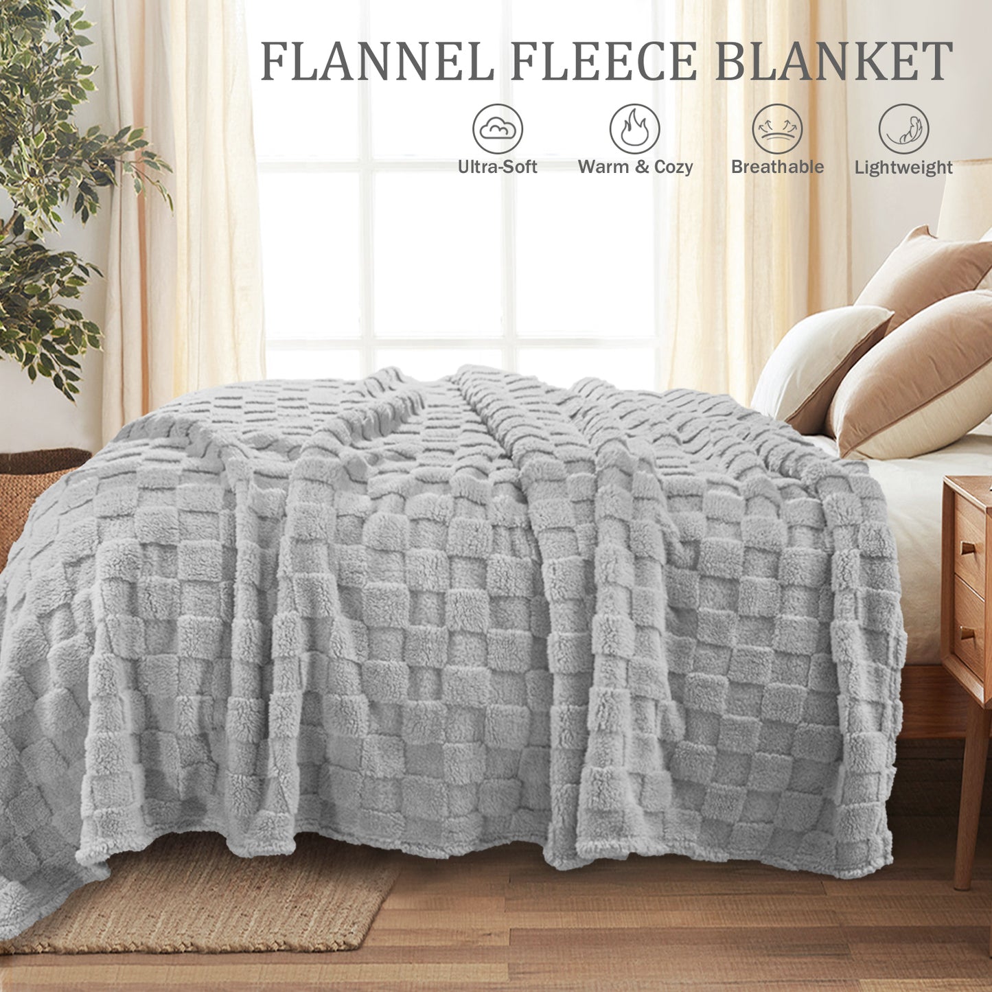 Exclusivo Mezcla Queen Size Flannel Fleece Blanket, Super Soft 3D Checkered Jacquard Bed Blanket, Cozy Fluffy Lightweight Blanket for All Seasons, 90x90 Inches, Light Grey Blanket