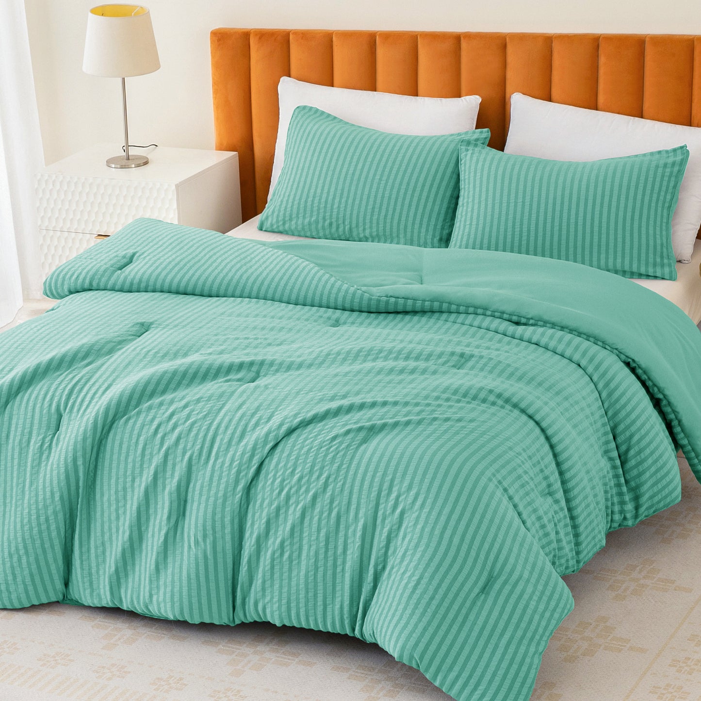 Exclusivo Mezcla 3-Piece Seersucker Queen Comforter Set Aqua Blue, Lightweight Soft Striped Pattern All Season Bedding Comforter sets with 2 Pillow Shams