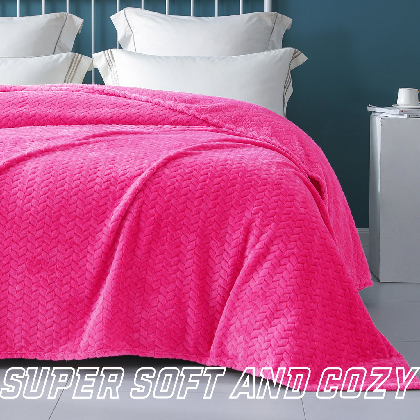Exclusivo Mezcla Twin Size Flannel Fleece Blanket, 90x66 Inches Soft Jacquard Weave Leaves Pattern Velvet Plush Blanket for Bed, Cozy, Warm, Lightweight and Decorative Hot Pink Blanket
