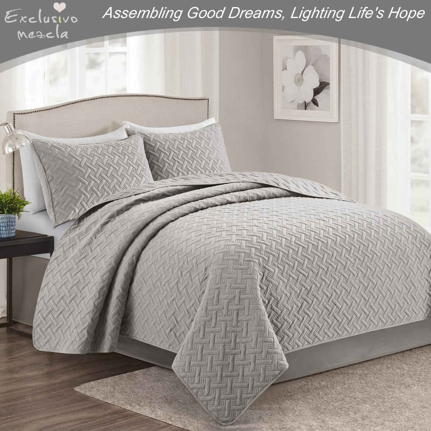 Exclusivo Mezcla 3-Piece Light Gray King Size Quilt Set, Weave Pattern Ultrasonic Lightweight and Soft Quilts/Bedspreads/Coverlets/Bedding Set (1 Quilt, 2 Pillow Shams) for All Seasons
