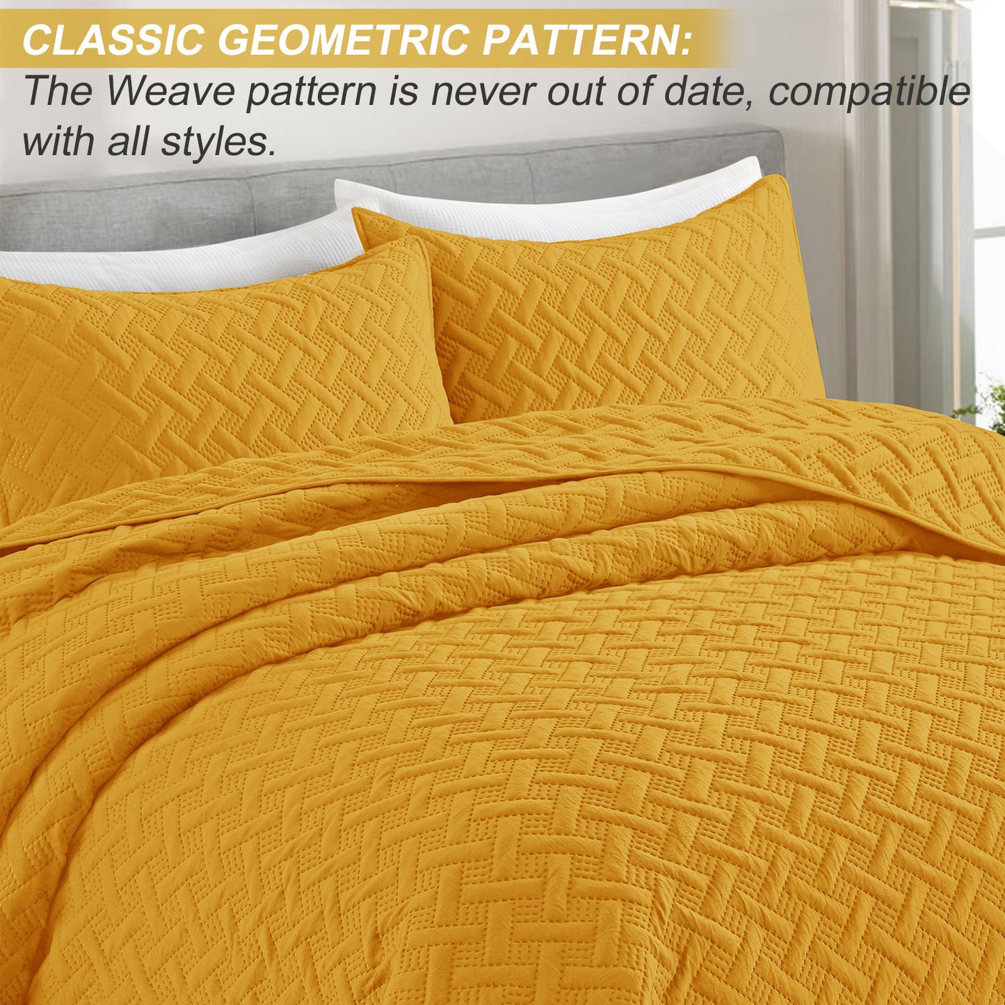 Exclusivo Mezcla 3-Piece Yellow Queen Size Quilt Set, Weave Pattern Ultrasonic Lightweight and Soft Quilts/Bedspreads/Coverlets/Bedding Set (1 Quilt, 2 Pillow Shams) for All Seasons