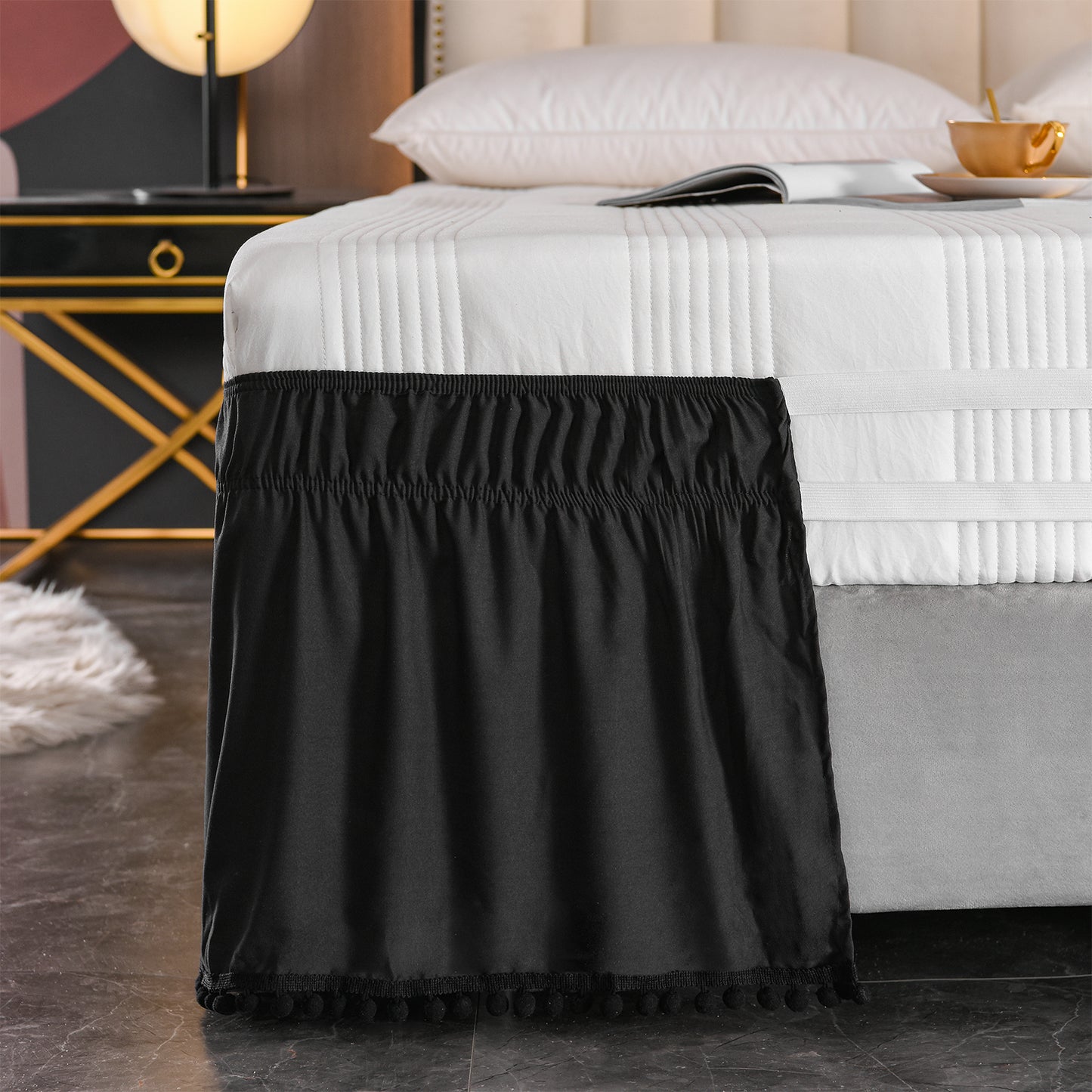 Exclusivo Mezcla Pom Pom Bed Skirt with Adjustable Elastic Belt, Easy Wrap Around Dust Ruffles with 16 Inch Tailored Drop, Wrinkle and Fade Resistant, (Queen, Black)