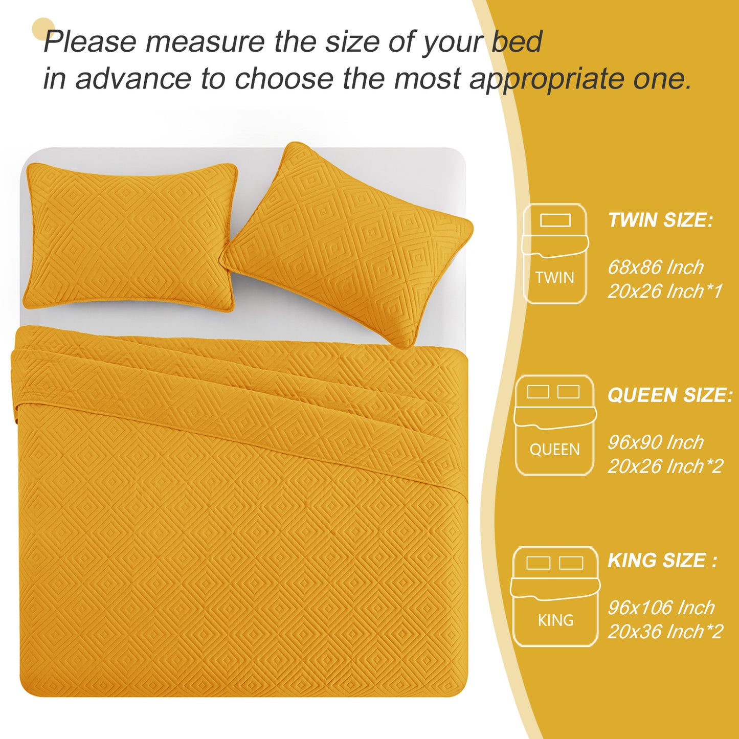 Exclusivo Mezcla 3-Piece Yellow King Size Quilt Set, Square Pattern Ultrasonic Lightweight and Soft Quilts/Bedspreads/Coverlets/Bedding Set (1 Quilt, 2 Pillow Shams) for All Seasons