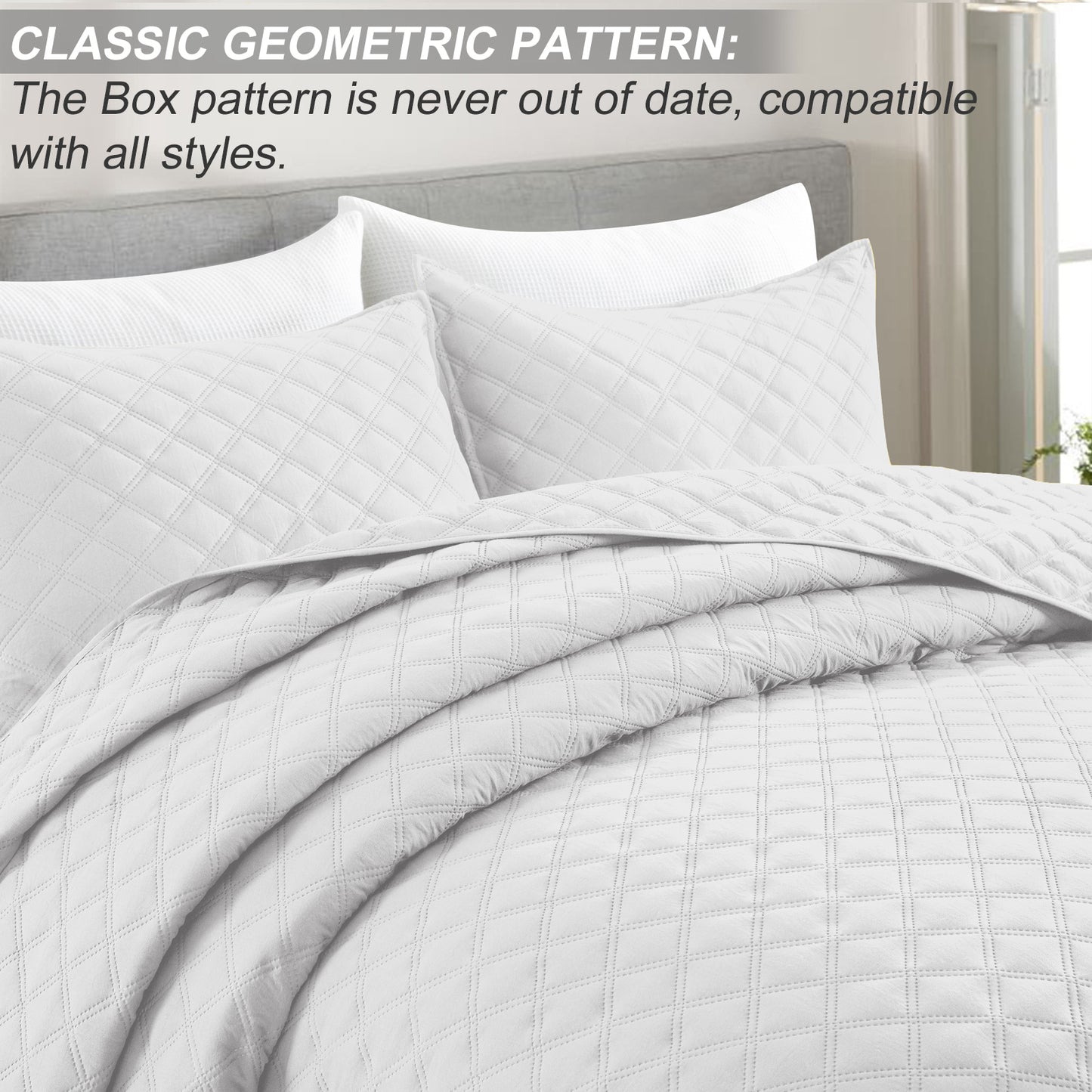 Exclusivo Mezcla 2-Piece White Twin Size Quilt Set, Box Pattern Ultrasonic Lightweight and Soft Quilts/Bedspreads/Coverlets/Bedding Set (1 Quilt, 1 Pillow Sham) for All Seasons