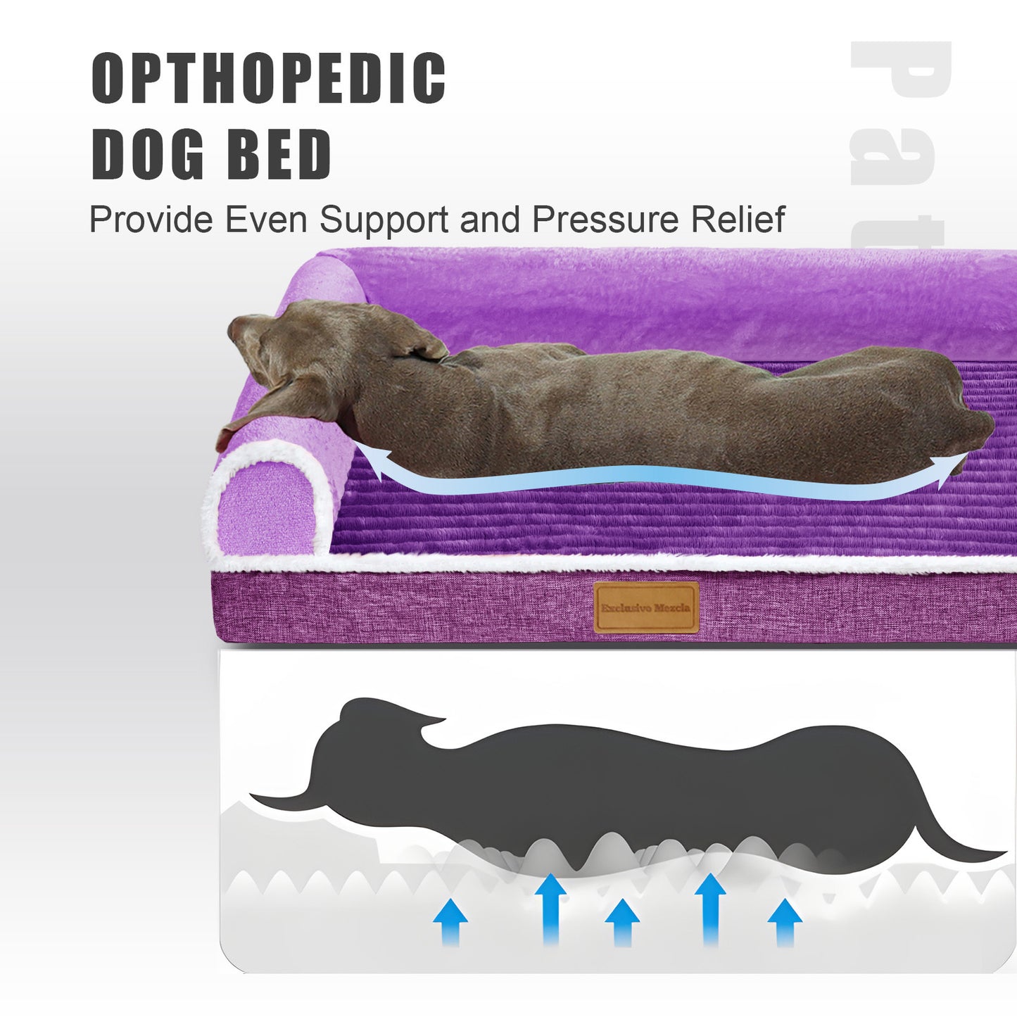 Exclusivo Mezcla Orthopedic Pet Bed for Extra Large Dogs, 56"X40" Waterproof L Shaped Sofa Dog Bed, Purple