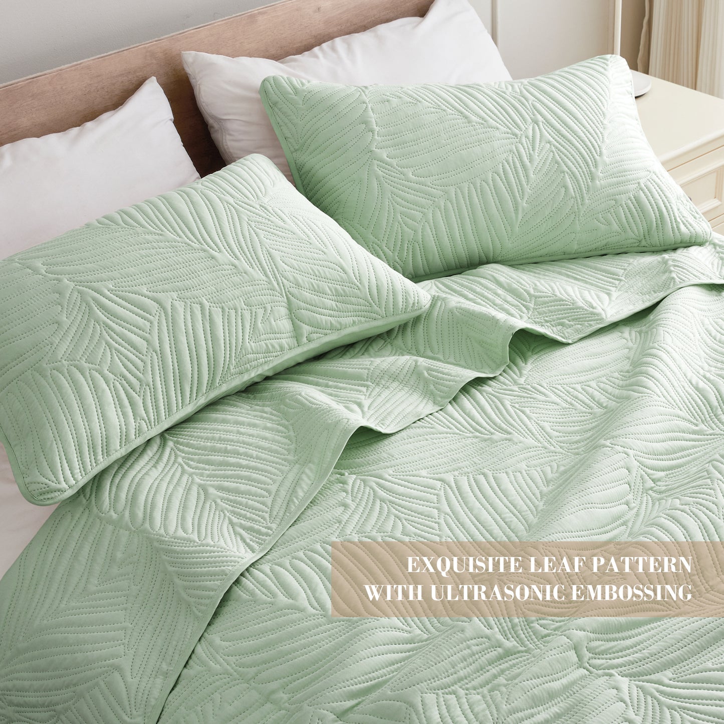 Exclusivo Mezcla Ultrasonic California King Size Quilt Set Sage Green, 3 Pieces Lightweight Bedspread Leaf Pattern Bed Cover Soft Microfiber Coverlet Bedding Set for All Seasons