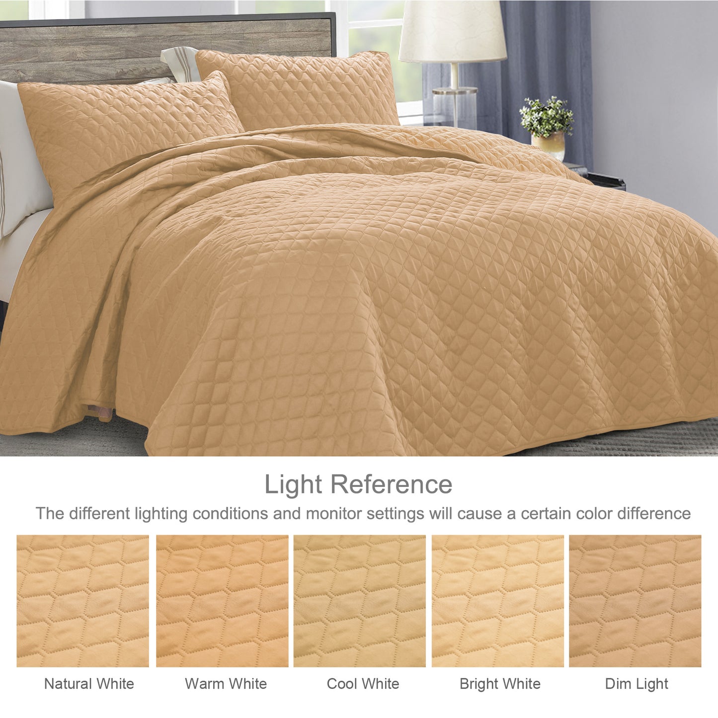 Exclusivo Mezcla Ultrasonic Reversible Full Queen Quilt Bedding Set with Pillow Shams, Lightweight Quilts Queen Size, Soft Bedspreads Bed Coverlets for All Seasons - (Camel, 90"x96")