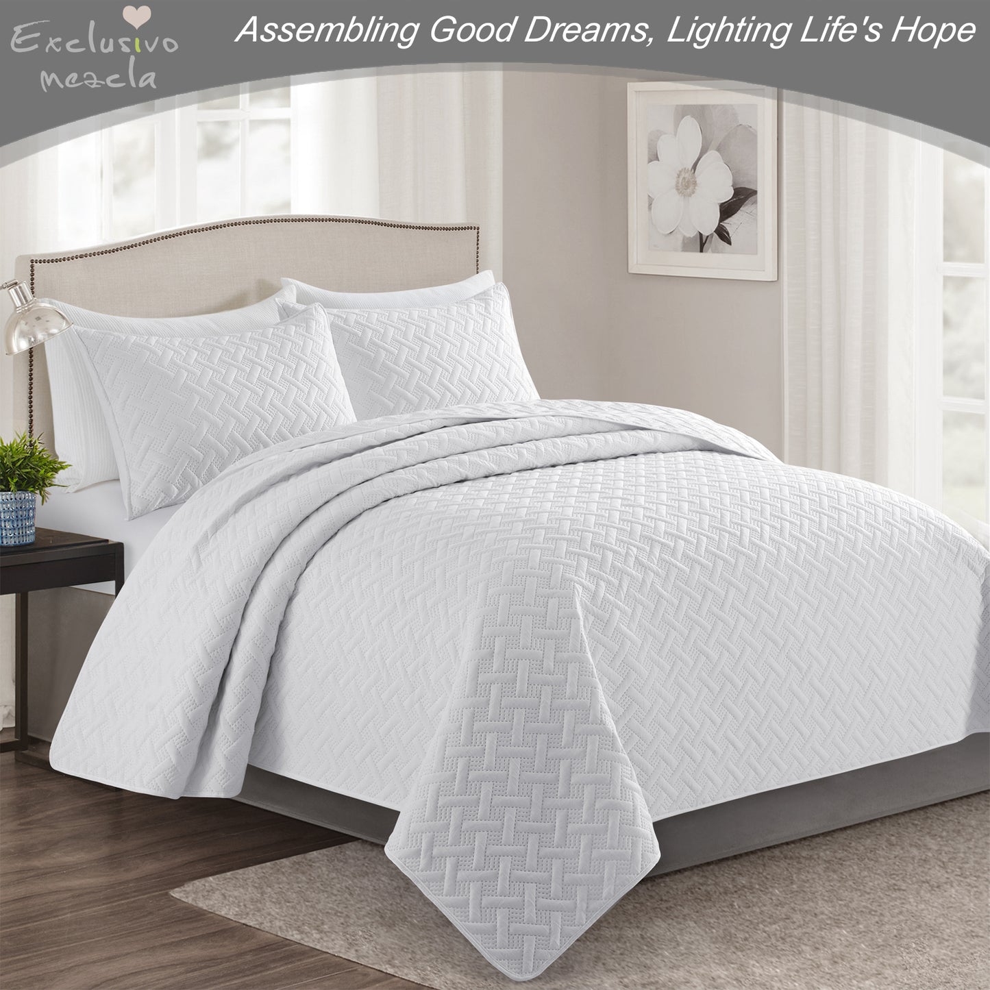 Exclusivo Mezcla 3-Piece White Queen Size Quilt Set, Weave Pattern Ultrasonic Lightweight and Soft Quilts/Bedspreads/Coverlets/Bedding Set (1 Quilt, 2 Pillow Shams) for All Seasons