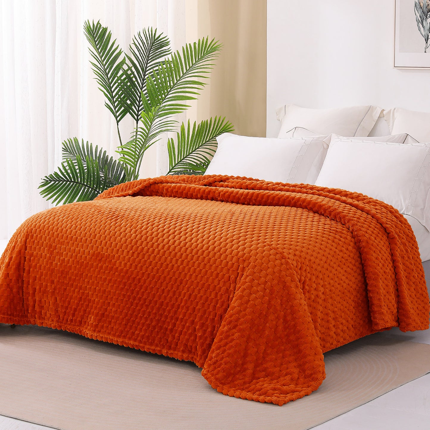 Exclusivo Mezcla King Size Soft Fleece Blanket, 90x104 Inches 3D Clouds Stylish Jacquard Velvet Blanket for Bed, Cozy Soft Lightweight for All Season, Burnt Orange Blanket