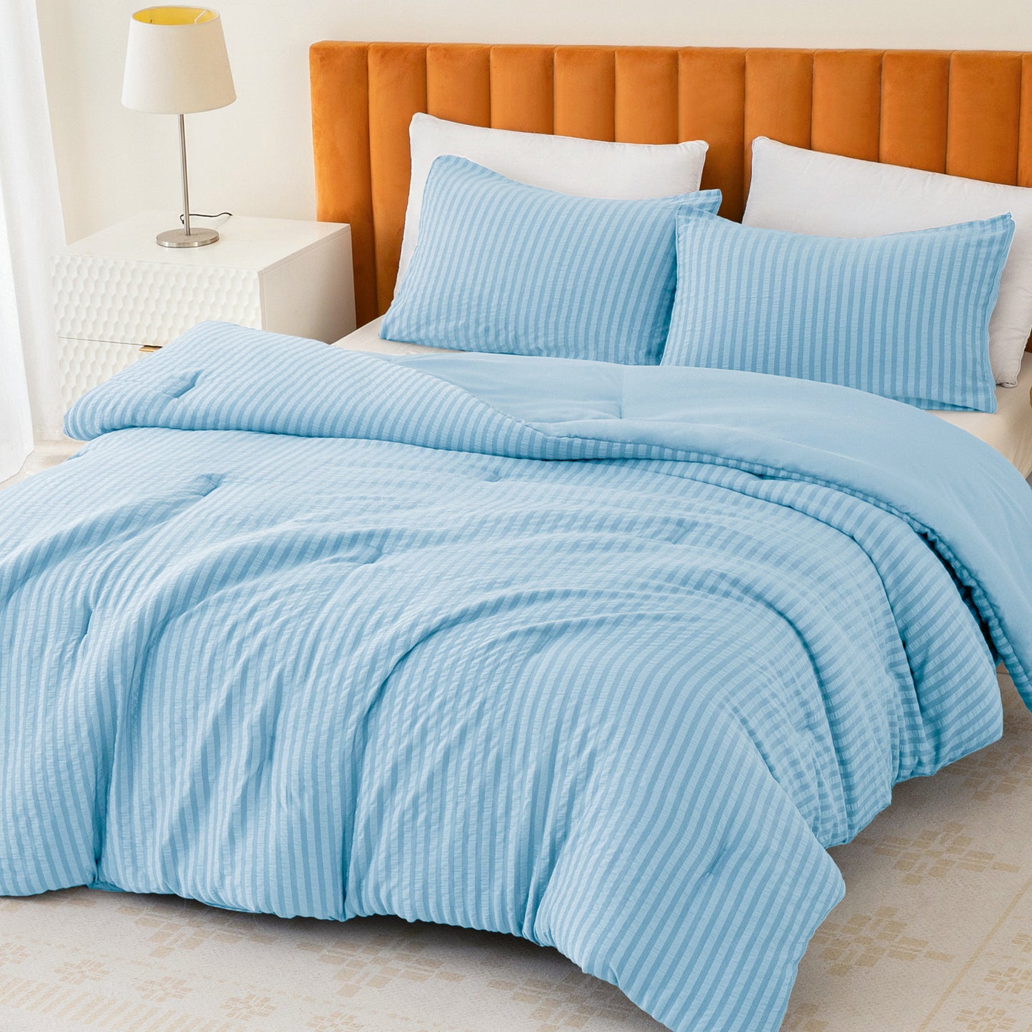 Exclusivo Mezcla 3-Piece Seersucker Queen Comforter Set Sky Blue, Lightweight Soft Striped Pattern All Season Bedding Comforter sets with 2 Pillow Shams