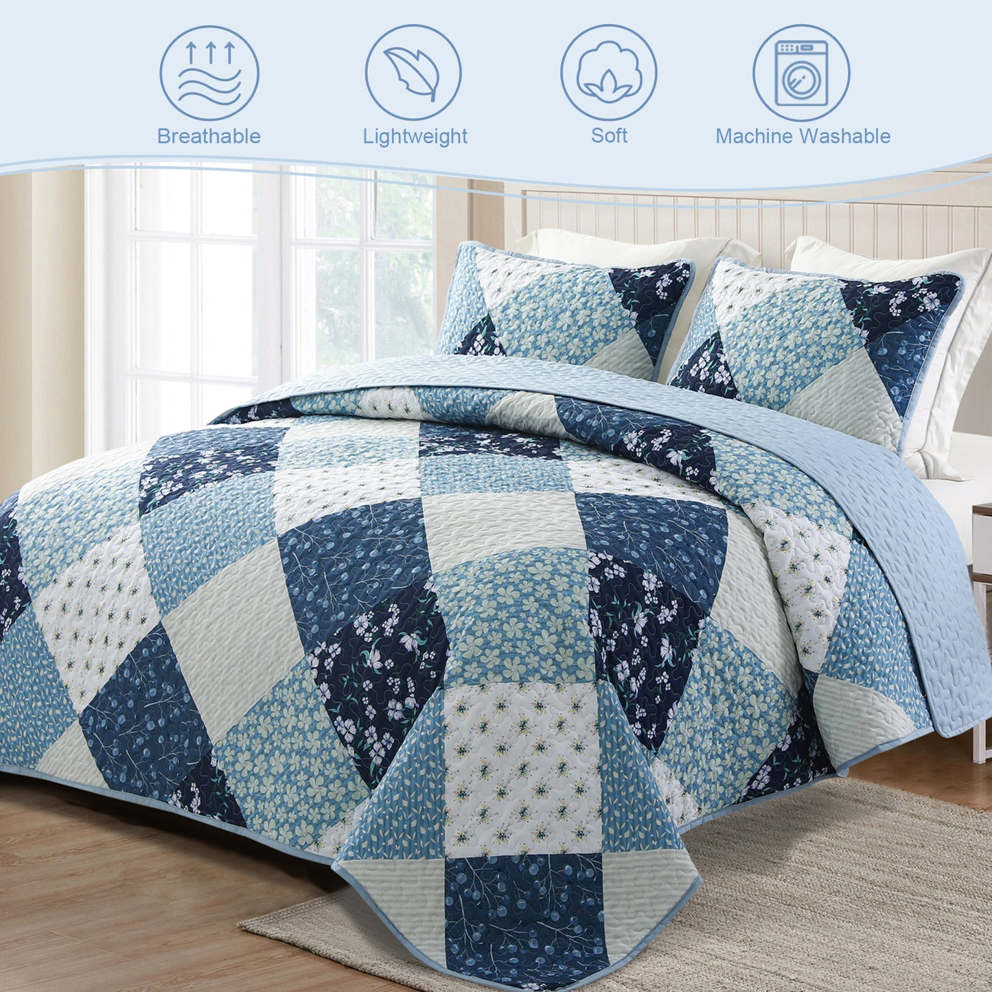 Exclusivo Mezcla Boho Bohemian Quilt Set Queen Size, Lightweight Patchwork Quilted Bedspread/Coverlet/Bed cover/Bedding set with colorful print pattern (Navy, 96x92)