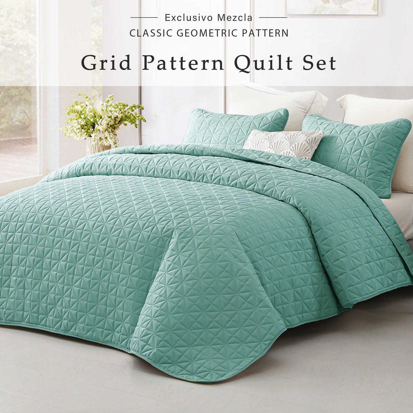 Exclusivo Mezcla Queen Quilt Bedding Set for All Seasons, Lightweight Soft Green Quilts Queen Size Bedspreads Coverlets Bed Cover with Geometric Stitched Pattern, (1 Quilt, 2 Pillow Shams)