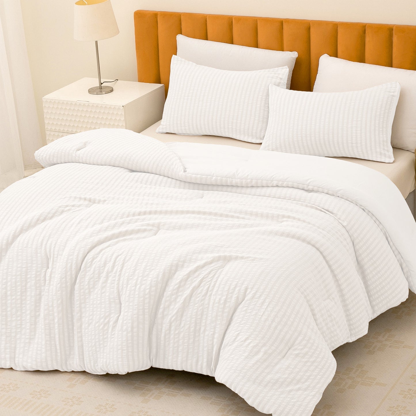 Exclusivo Mezcla 2-Piece Seersucker Twin Comforter Set White, Lightweight Soft Striped Pattern All Season Bedding Comforter sets with 1 Pillow Sham