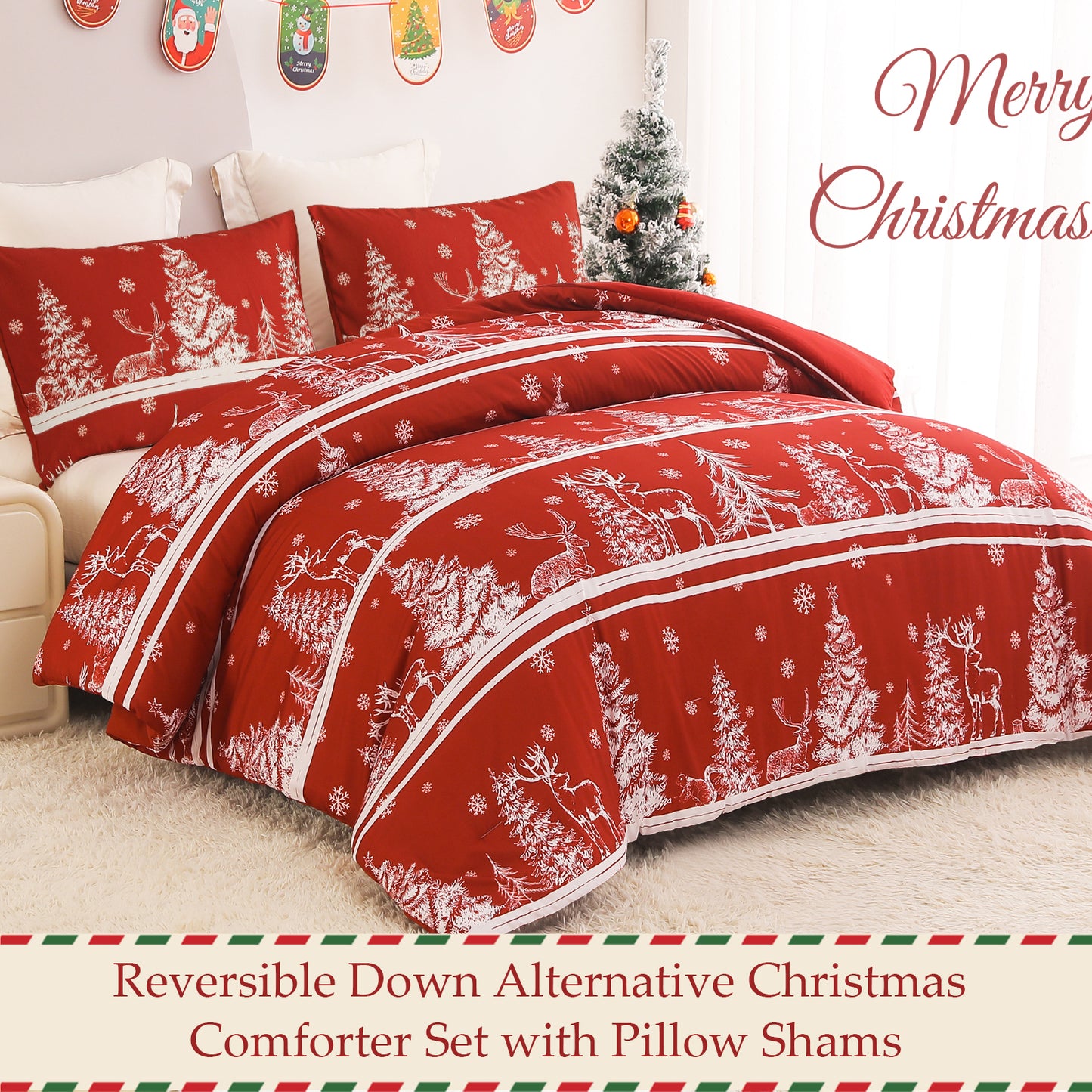 Exclusivo Mezcla Christmas Comforter Set Queen Size, Reversible Rust Red Striped Down Alternative Comforter Sets, Printed with Christmas Trees Snowflakes Pattern, for Holiday Decoration and Gifts