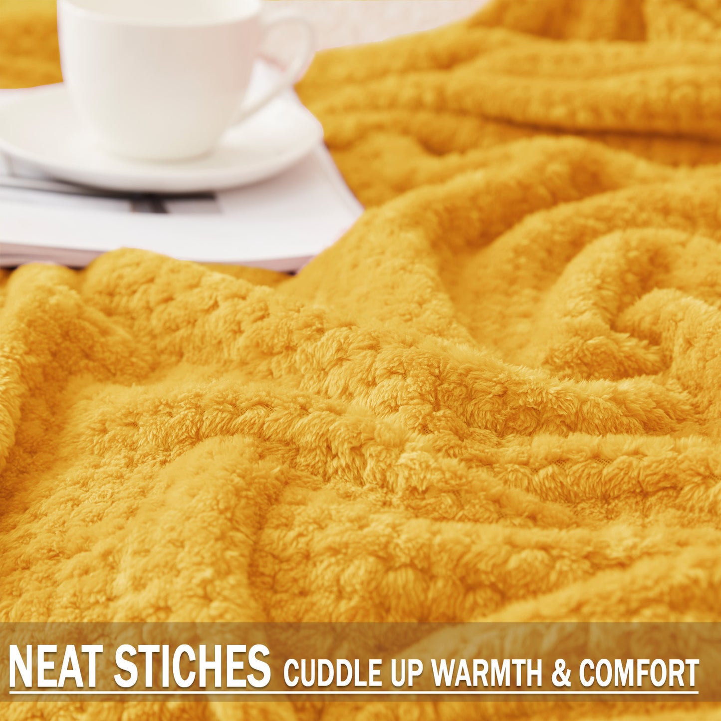 Exclusivo Mezcla Waffle Textured Soft Fleece Blanket, King Size Bed Blanket, Cozy Warm and Lightweight (Mustard Yellow, 90x104 inches)