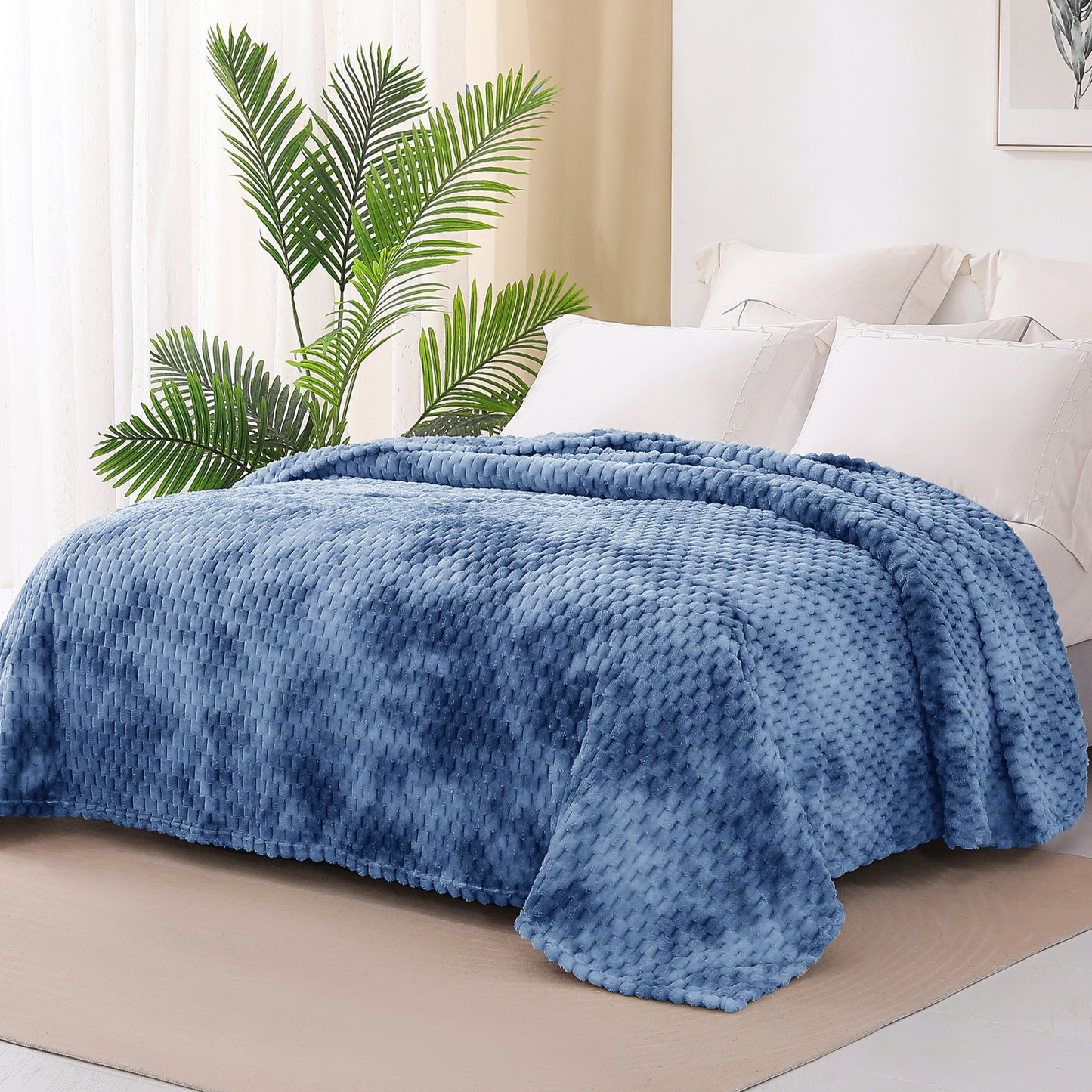 Exclusivo Mezcla King Size Flannel Fleece Blanket, 90x104 Inches Stylish Jacquard Velvet Plush Blanket for Bed, Cozy, Warm, Lightweight and Decorative Stone Blue Blanket