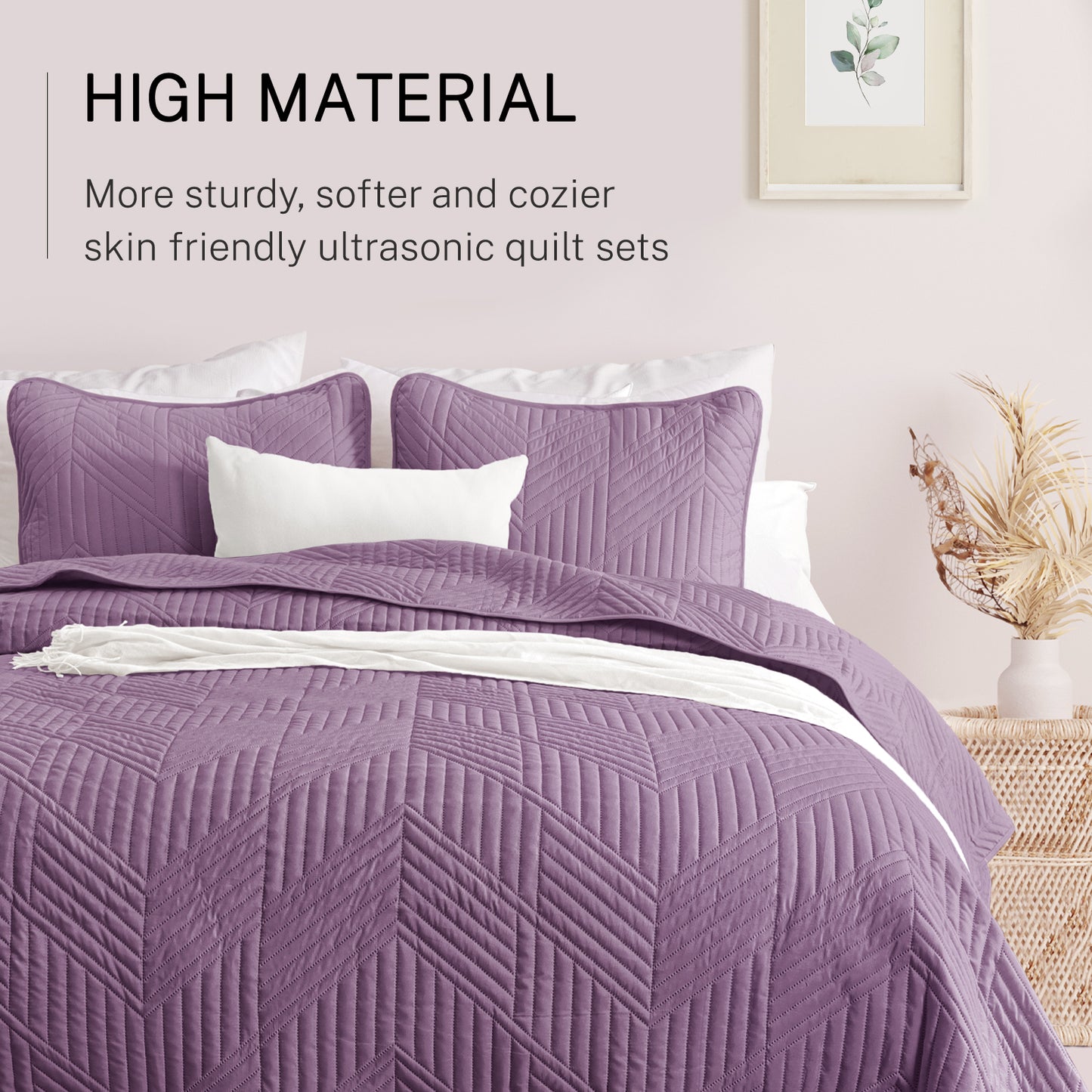 Exclusivo Mezcla Ultrasonic King Quilt Bedding Set, Lightweight Dusty Lavender Bedspreads Soft Modern Geometric Coverlet Set for All Seasons (1 Quilt and 2 Pillow Shams)
