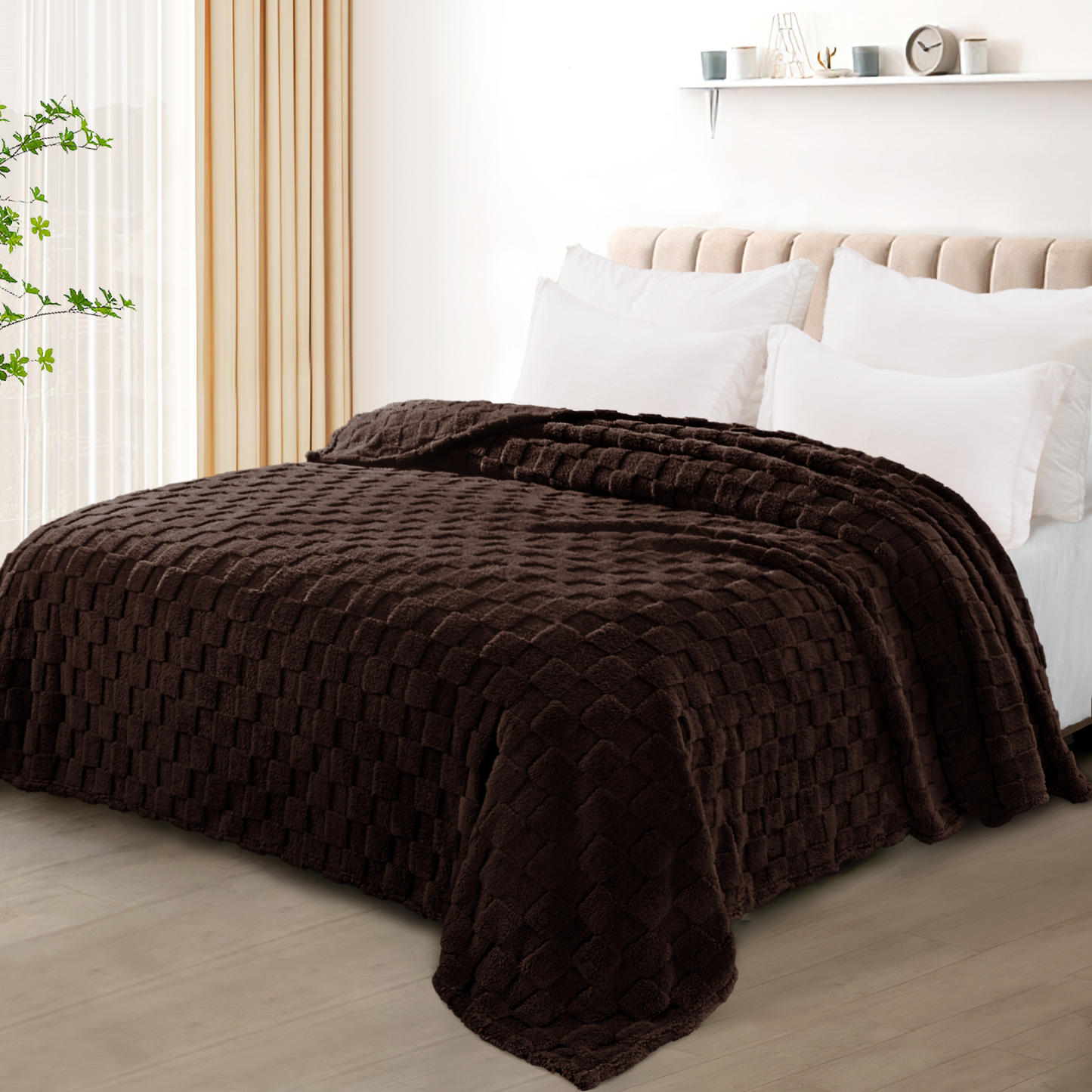 Exclusivo Mezcla Twin Size Flannel Fleece Blanket, Super Soft 3D Checkered Jacquard Bed Blanket, Cozy Fluffy Lightweight Blanket for All Seasons, 60x80 Inches, Coffee Blanket