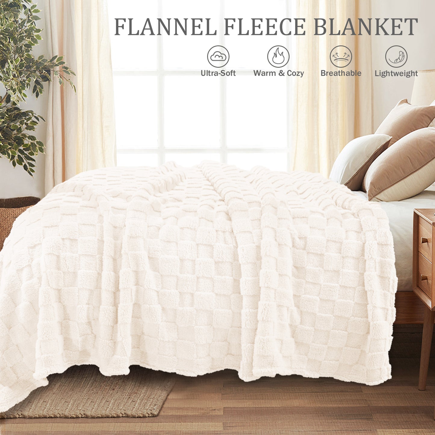 Exclusivo Mezcla Twin Size Flannel Fleece Blanket, Super Soft 3D Checkered Jacquard Bed Blanket, Cozy Fluffy Lightweight Blanket for All Seasons, 60x80 Inches, Ivory Blanket