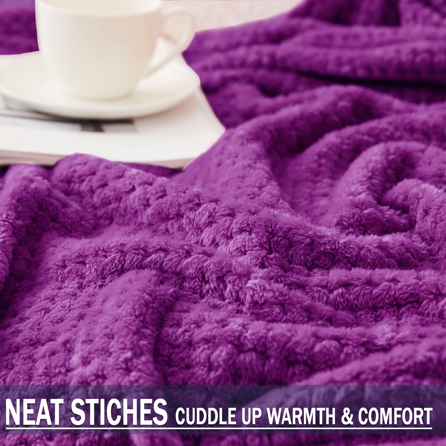 Exclusivo Mezcla Waffle Textured Soft Fleece Blanket, Twin Size Bed Blanket, Cozy Warm and Lightweight (Purple, 90x66 inches)