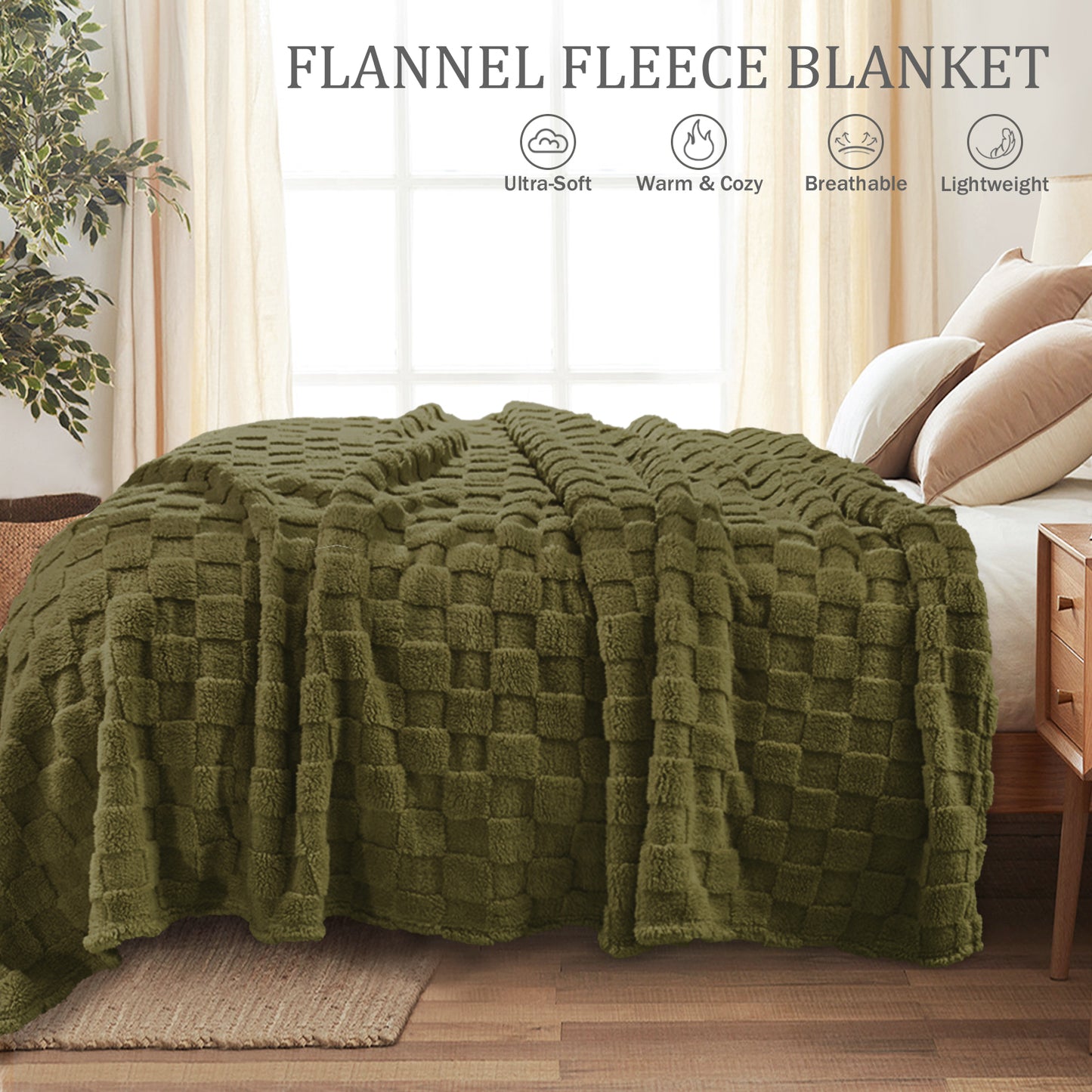 Exclusivo Mezcla Queen Size Flannel Fleece Blanket, Super Soft 3D Checkered Jacquard Bed Blanket, Cozy Fluffy Lightweight Blanket for All Seasons, 90x90 Inches, Olive Green Blanket