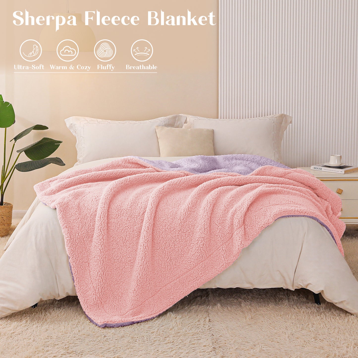 Exclusivo Mezcla Queen Size Reversible Sherpa Fleece Blanket, Soft Plush Blanket for Bed Sofa, Warm Fluffy Blankets for All Season, 90x90 Inches, Light Pink/ Light Purple