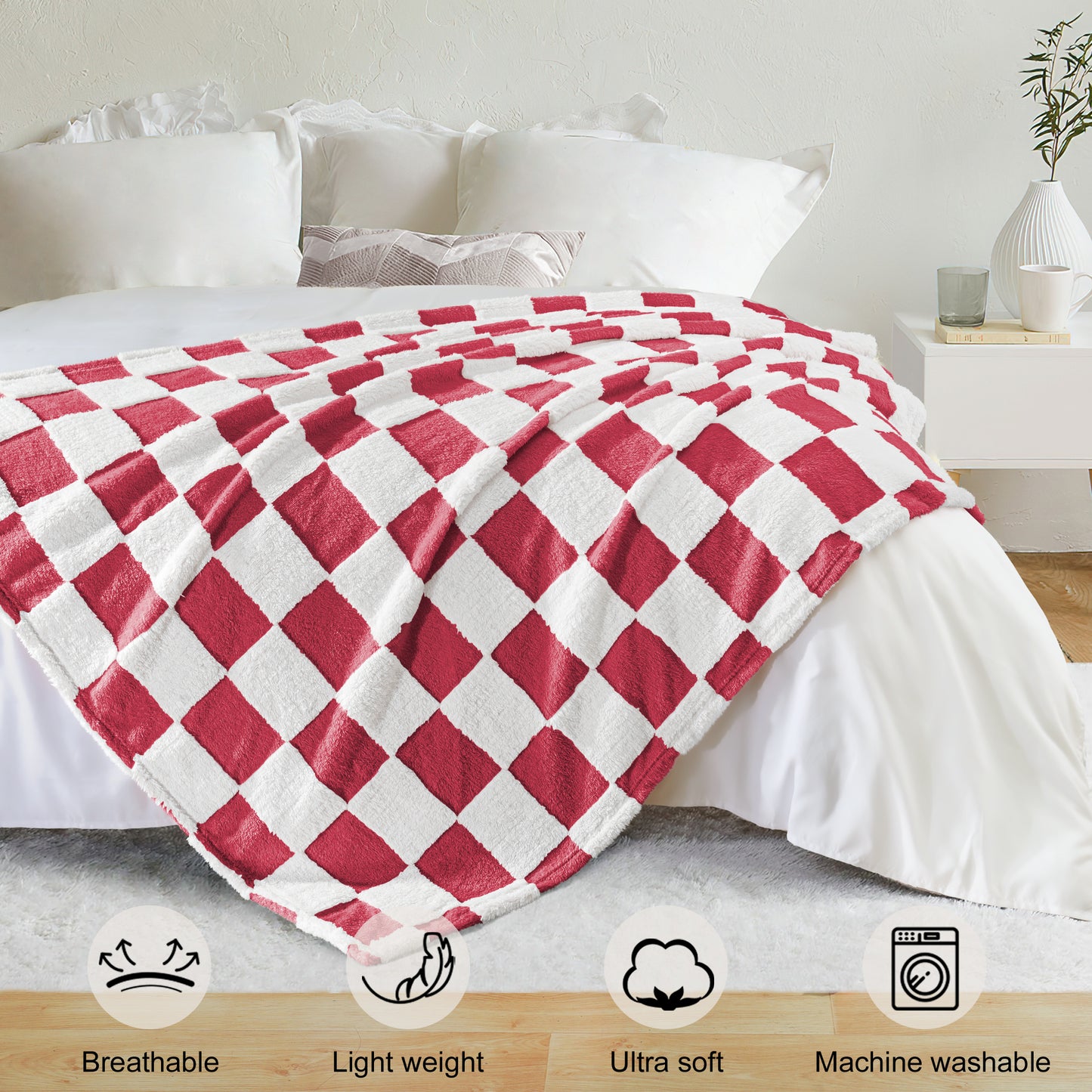 Exclusivo Mezcla Checkered Throw Blanket, Super Soft and Warm Fluffy Fleece Blanket for Couch, Sofa, Bed, Cute Plaid Pattern, Red, 50" x 60"