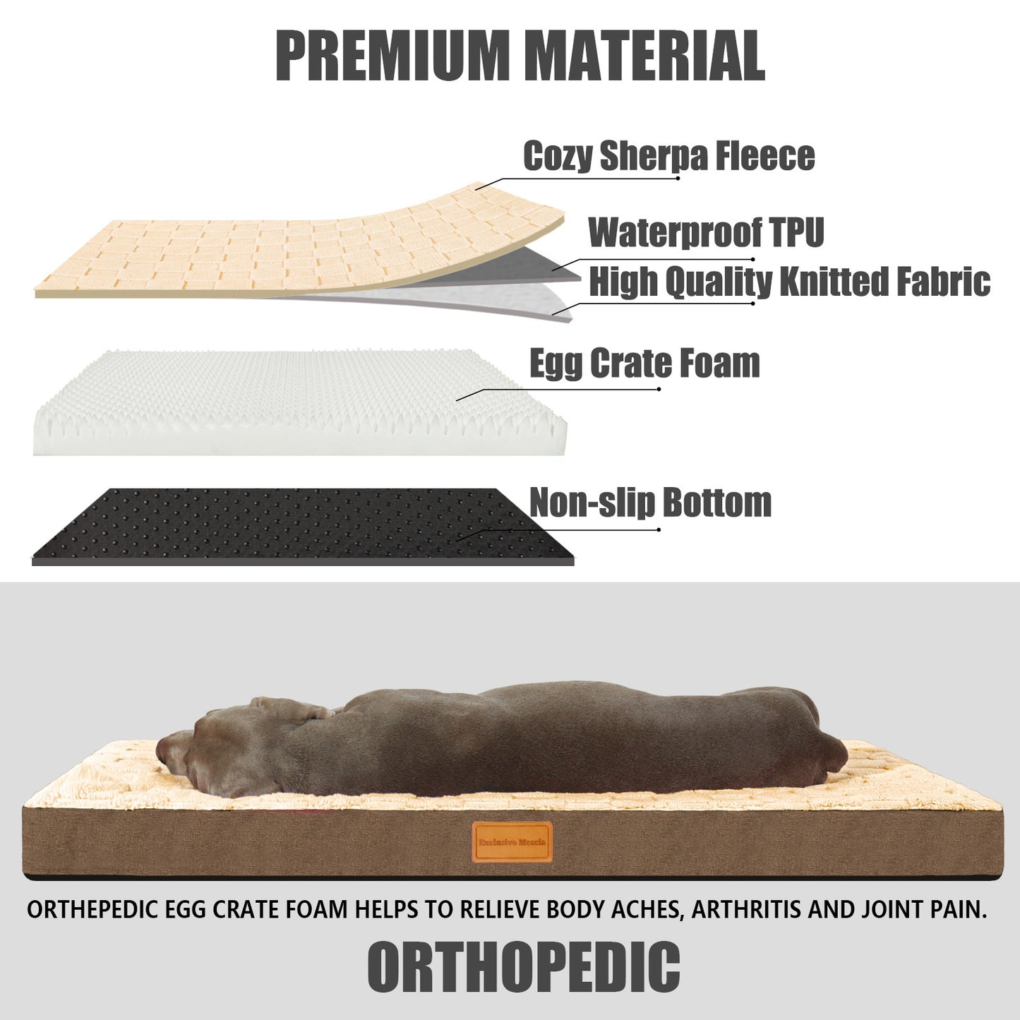 Exclusivo Mezcla Checkered Orthopedic XL Dog Bed for Large Dogs 42''X28'', Waterproof Removable Washable Cover,Egg Crate Foam Pet Bed Mat, Brown