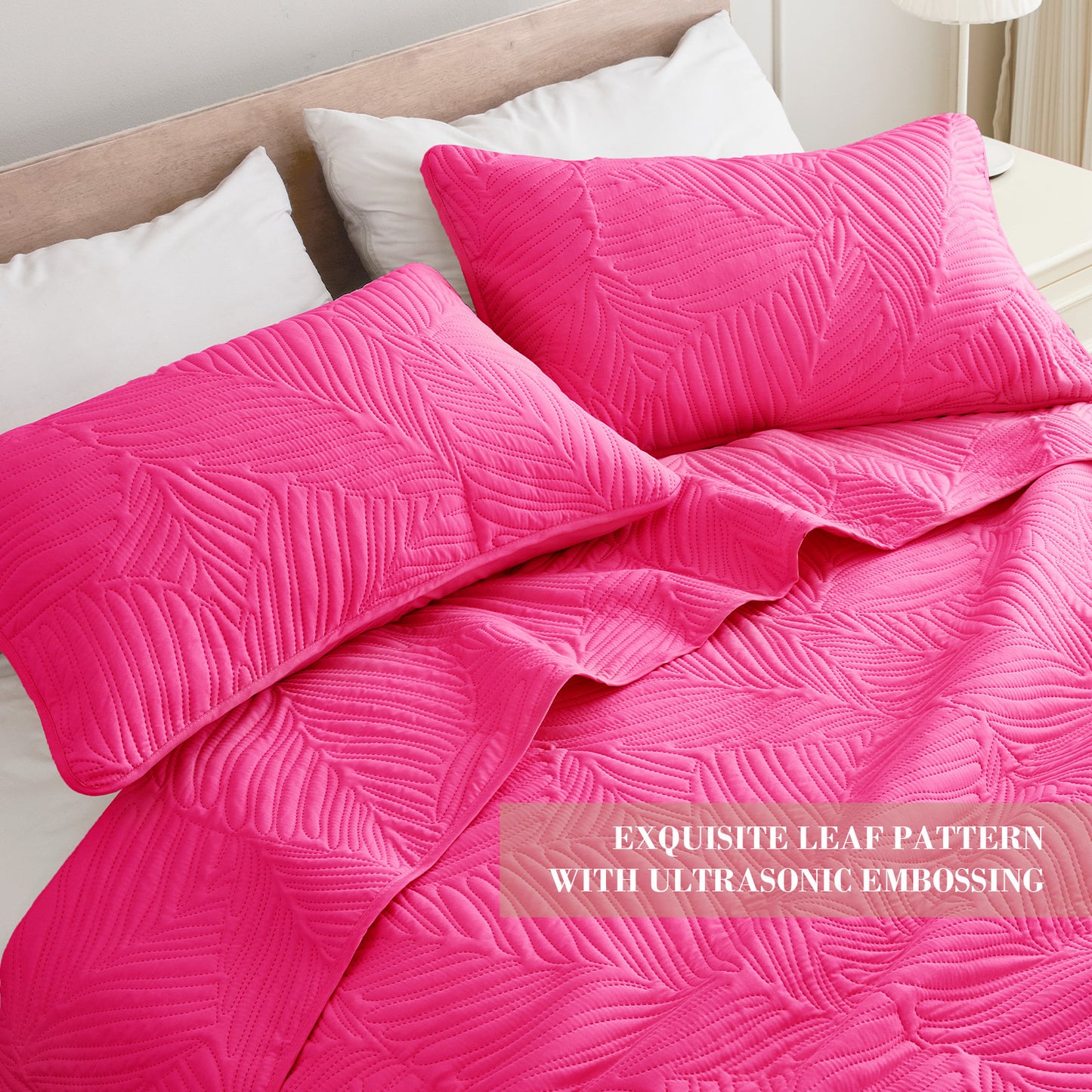 Exclusivo Mezcla Ultrasonic Twin Size Quilt Set Hot Pink, 2 Pieces Lightweight Bedspread Leaf Pattern Bed Cover Soft Microfiber Coverlet Bedding Set for All Seasons