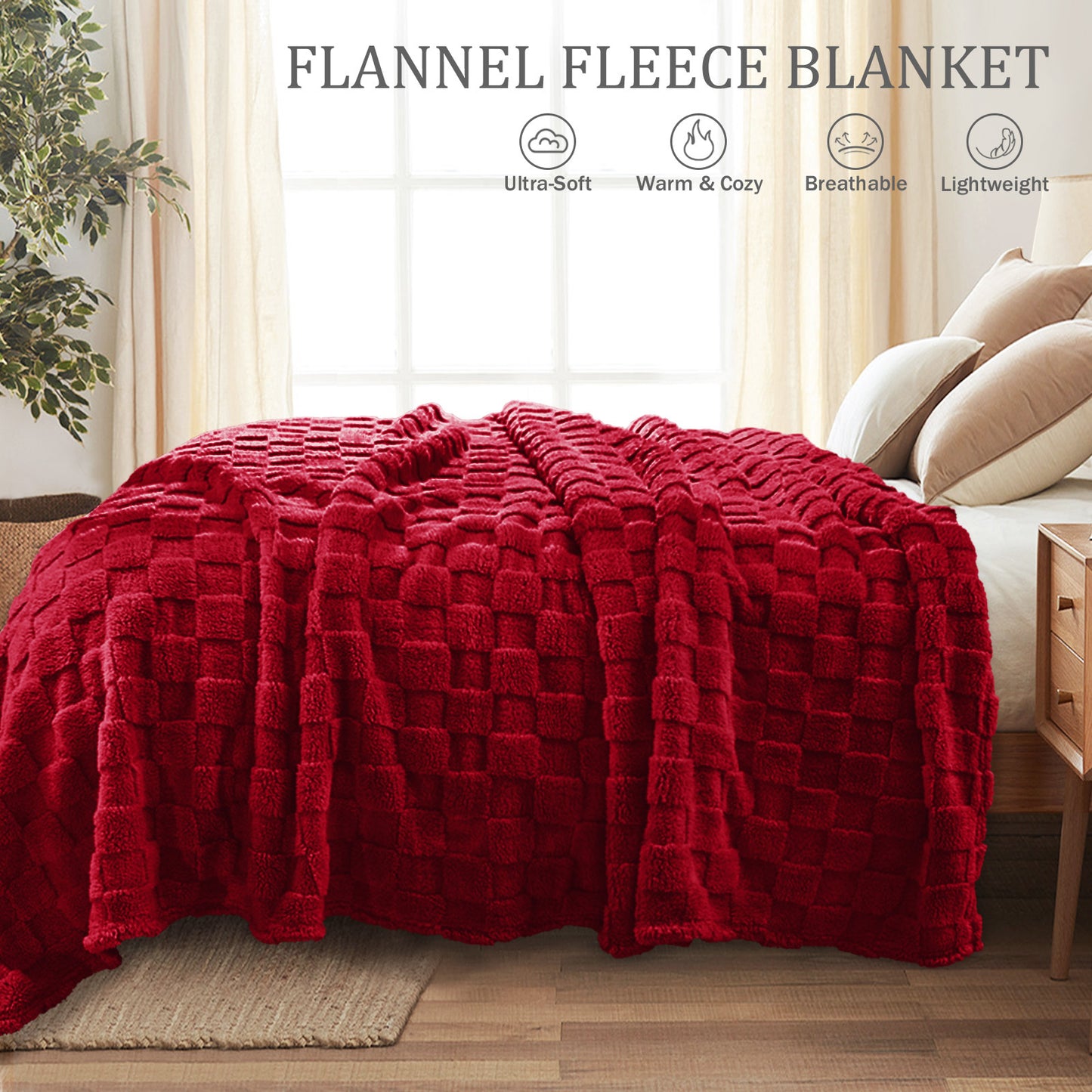 Exclusivo Mezcla Twin Size Flannel Fleece Blanket, Super Soft 3D Checkered Jacquard Bed Blanket, Cozy Fluffy Lightweight Blanket for All Seasons, 60x80 Inches, Deep Red Blanket