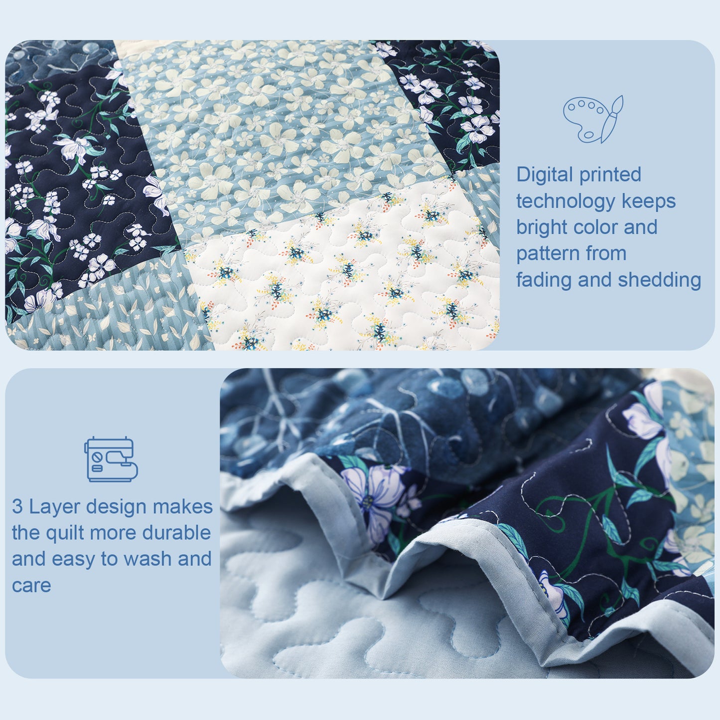 Exclusivo Mezcla Boho Bohemian Quilt Set Queen Size, Lightweight Patchwork Quilted Bedspread/Coverlet/Bed cover/Bedding set with colorful print pattern (Navy, 96x92)
