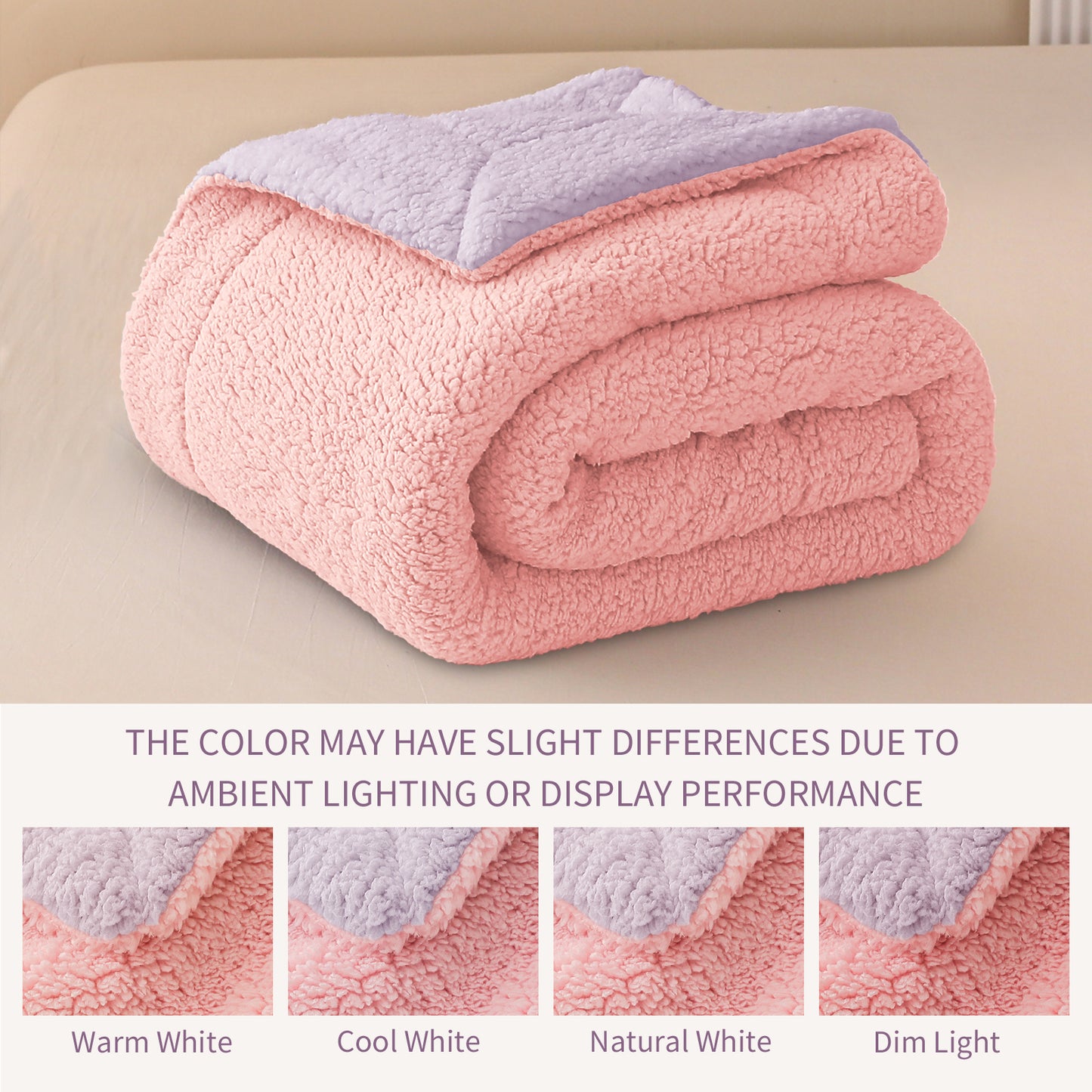 Exclusivo Mezcla Queen Size Reversible Sherpa Fleece Blanket, Soft Plush Blanket for Bed Sofa, Warm Fluffy Blankets for All Season, 90x90 Inches, Light Pink/ Light Purple