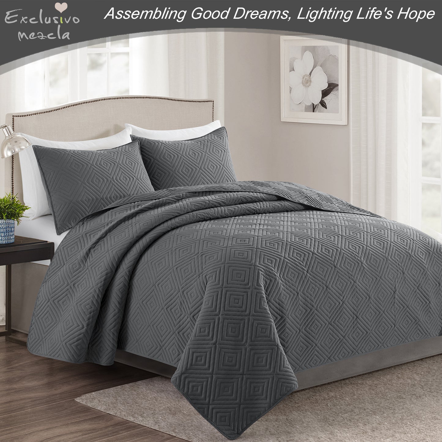 Exclusivo Mezcla 3-Piece Gray King Size Quilt Set, Square Pattern Ultrasonic Lightweight and Soft Quilts/Bedspreads/Coverlets/Bedding Set (1 Quilt, 2 Pillow Shams) for All Seasons