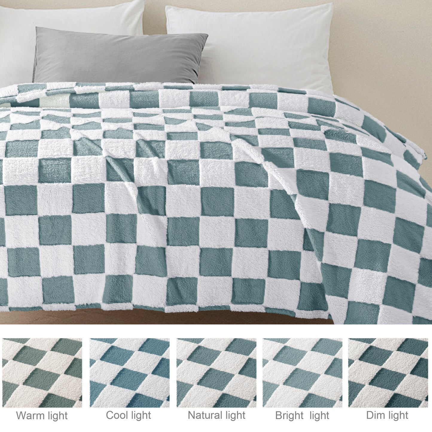 Exclusivo Mezcla Fleece Blanket King Size, Cozy Lightweight Fuzzy Checkered Blanket for Bed, Suitable for All Season, Slate Blue, 90" x 104"