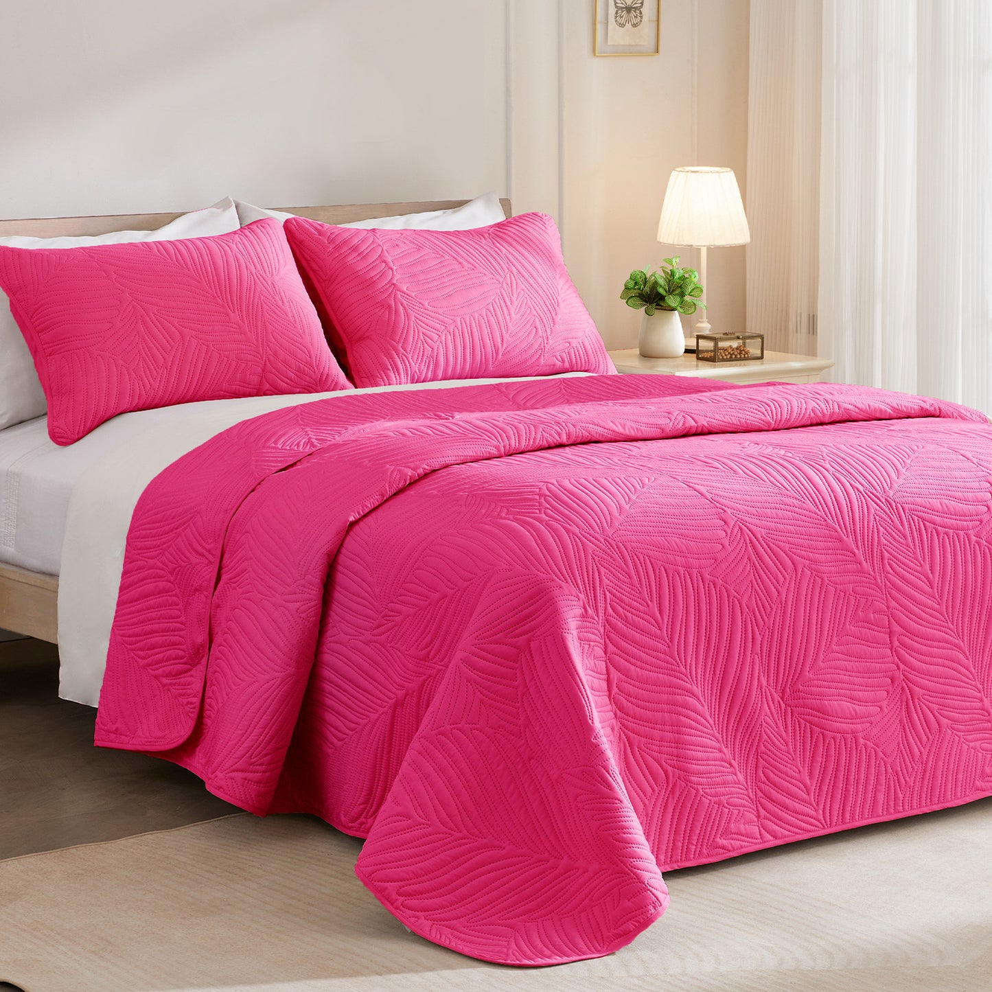 Exclusivo Mezcla Ultrasonic Twin Size Quilt Set Hot Pink, 2 Pieces Lightweight Bedspread Leaf Pattern Bed Cover Soft Microfiber Coverlet Bedding Set for All Seasons