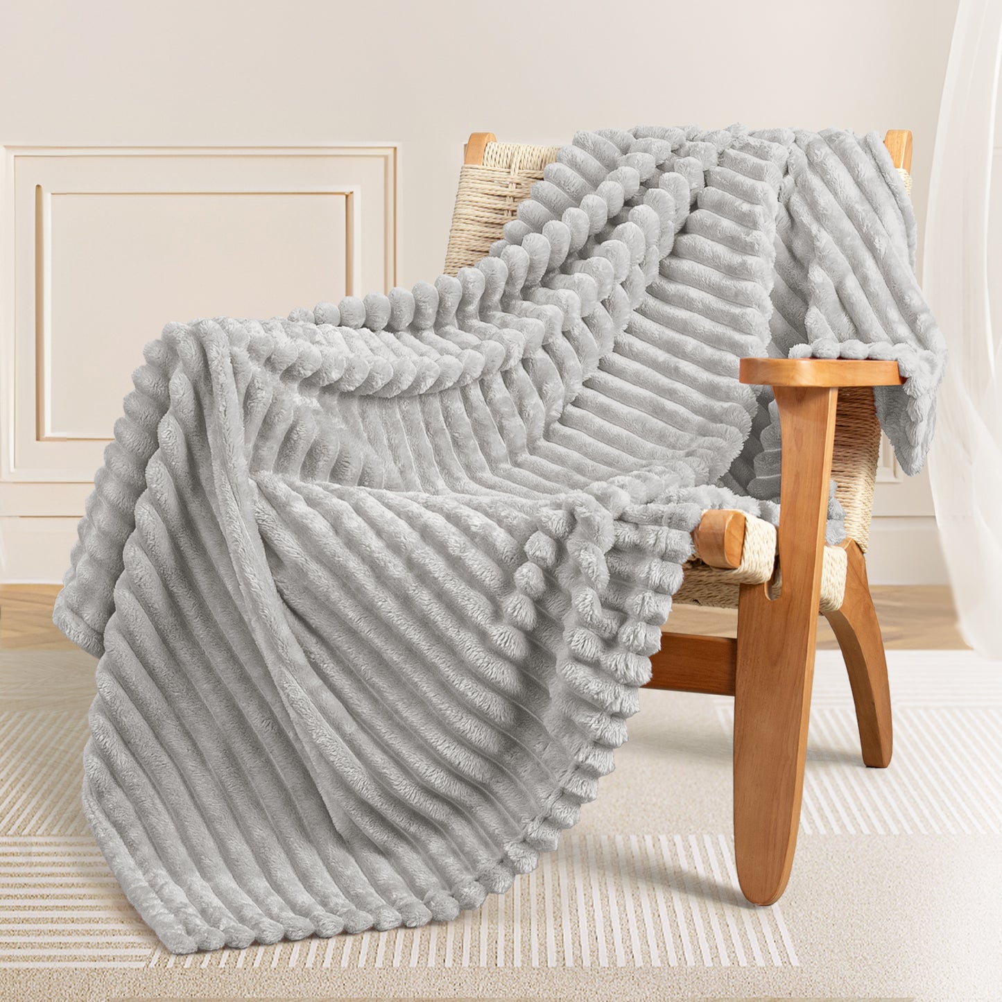 Exclusivo Mezcla Twin Size Flannel Fleece Blanket, Super Soft 3D Striped Jacquard Bed Blanket, Lightweight Fuzzy Cozy Blankets for All Seasons, 60x80 Inches, Light Grey Blanket