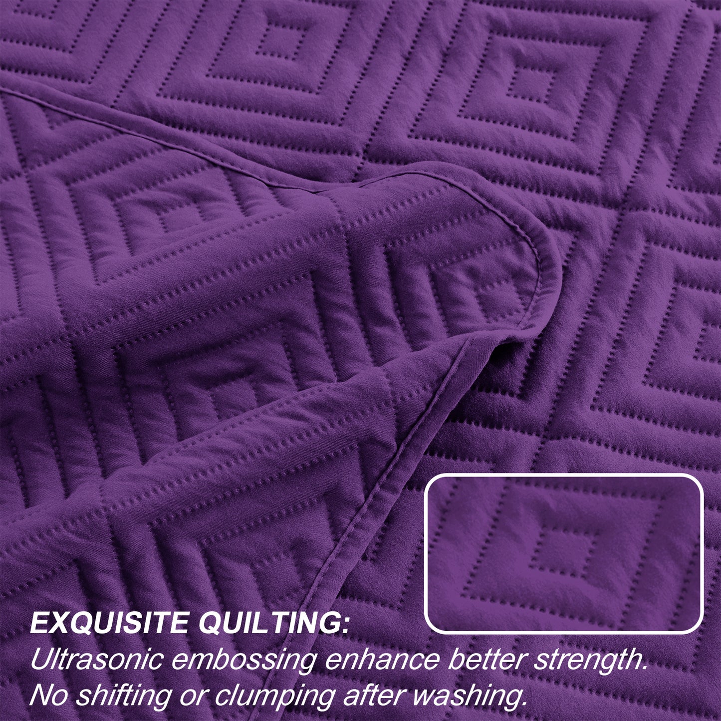 Exclusivo Mezcla 3-Piece Deep Purple Queen Size Quilt Set, Square Pattern Ultrasonic Lightweight and Soft Quilts/Bedspreads/Coverlets/Bedding Set (1 Quilt, 2 Pillow Shams) for All Seasons