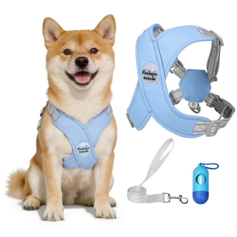 Exclusivo Mezcla Comfort Control Dog Harness with Leash and Poop Bags, No Pull X-Frame Adjustable Pet Harness for Small and Medium Dogs, Blue, M