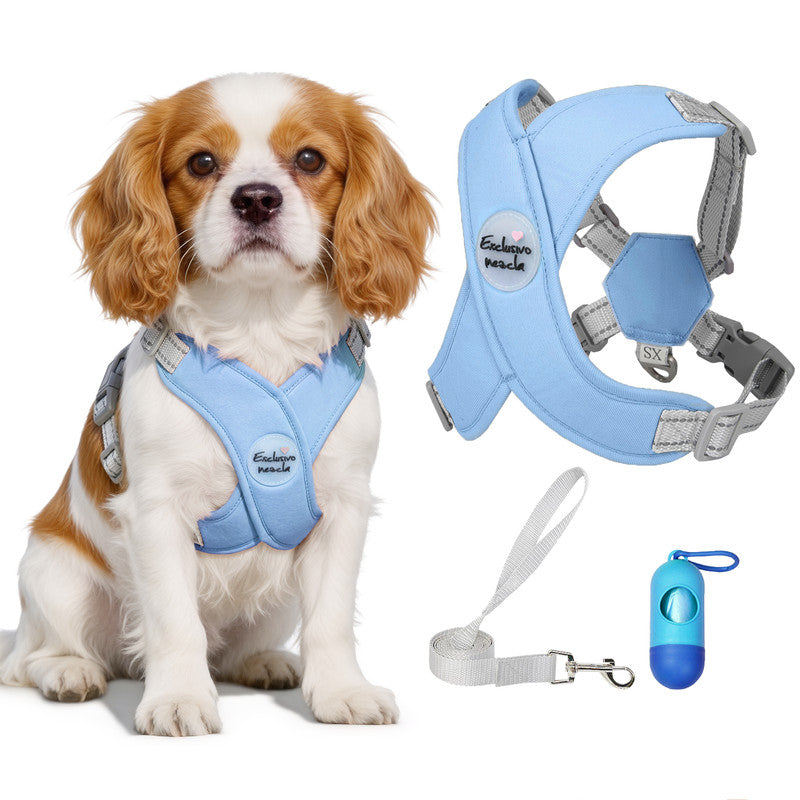 Exclusivo Mezcla Comfort Control Dog Harness with Leash and Poop Bags, No Pull X-Frame Adjustable Pet Harness for Small Dogs, Blue, XS