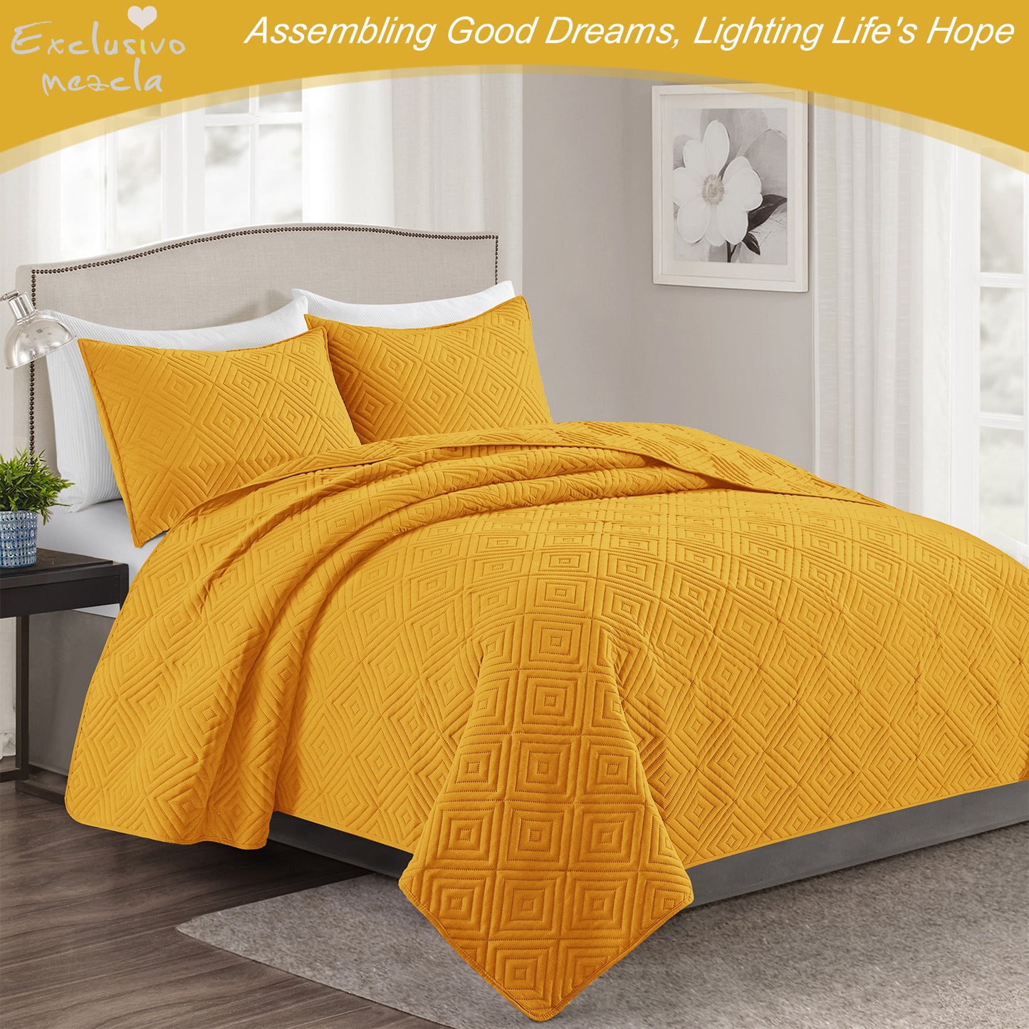 Exclusivo Mezcla 3-Piece Yellow King Size Quilt Set, Square Pattern Ultrasonic Lightweight and Soft Quilts/Bedspreads/Coverlets/Bedding Set (1 Quilt, 2 Pillow Shams) for All Seasons