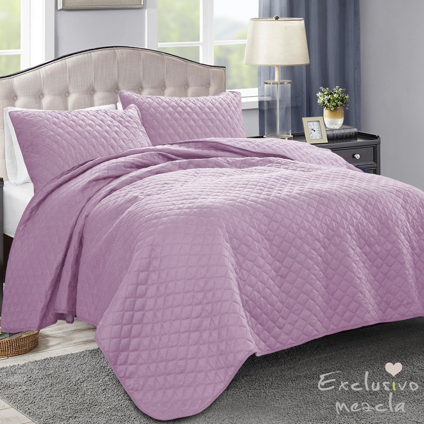Exclusivo Mezcla Ultrasonic Reversible Full Queen Quilt Bedding Set with Pillow Shams, Lightweight Quilts Queen Size, Soft Bedspreads Bed Coverlets for All Seasons - (Lilac, 90"x96")