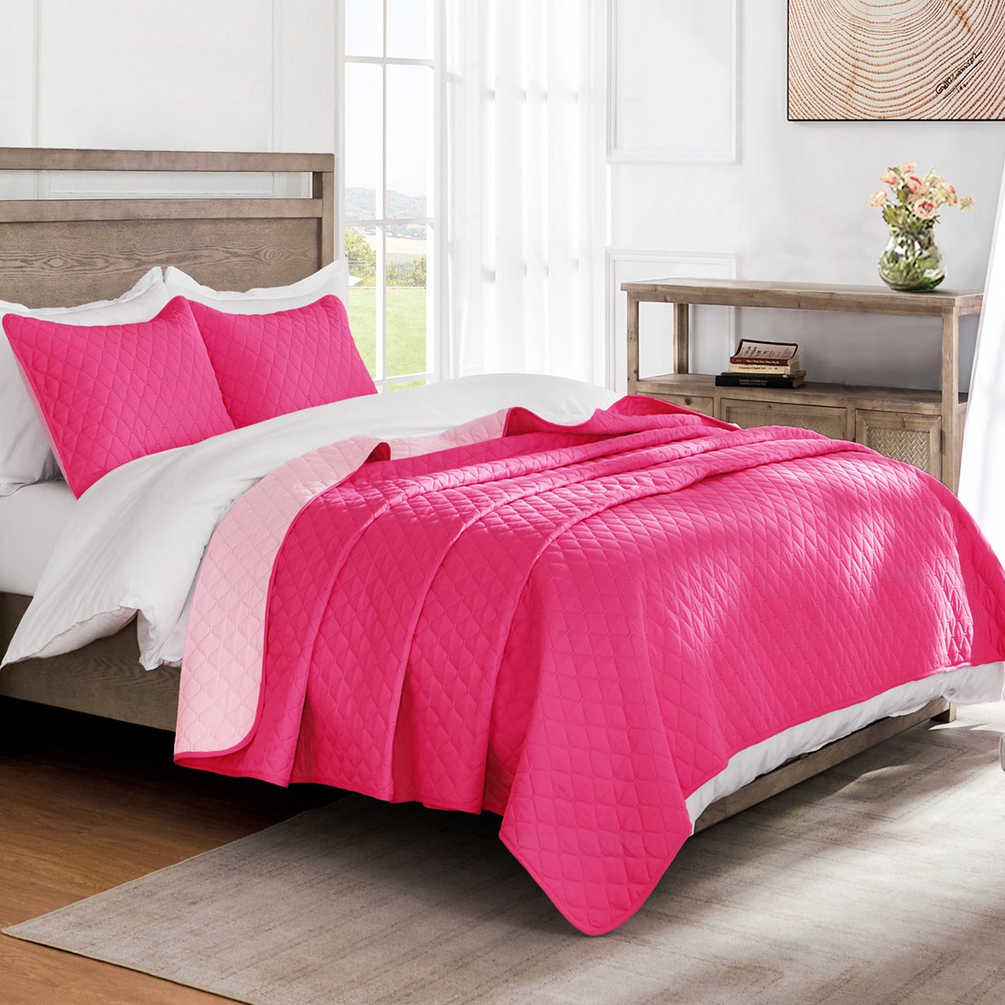 Exclusivo Mezcla Ultrasonic Reversible King Size Quilt Bedding Set with Pillow Shams, Lightweight Quilts King Size, Soft Bedspreads Bed Coverlets for All Seasons - (Hot Pink, 104"x96")
