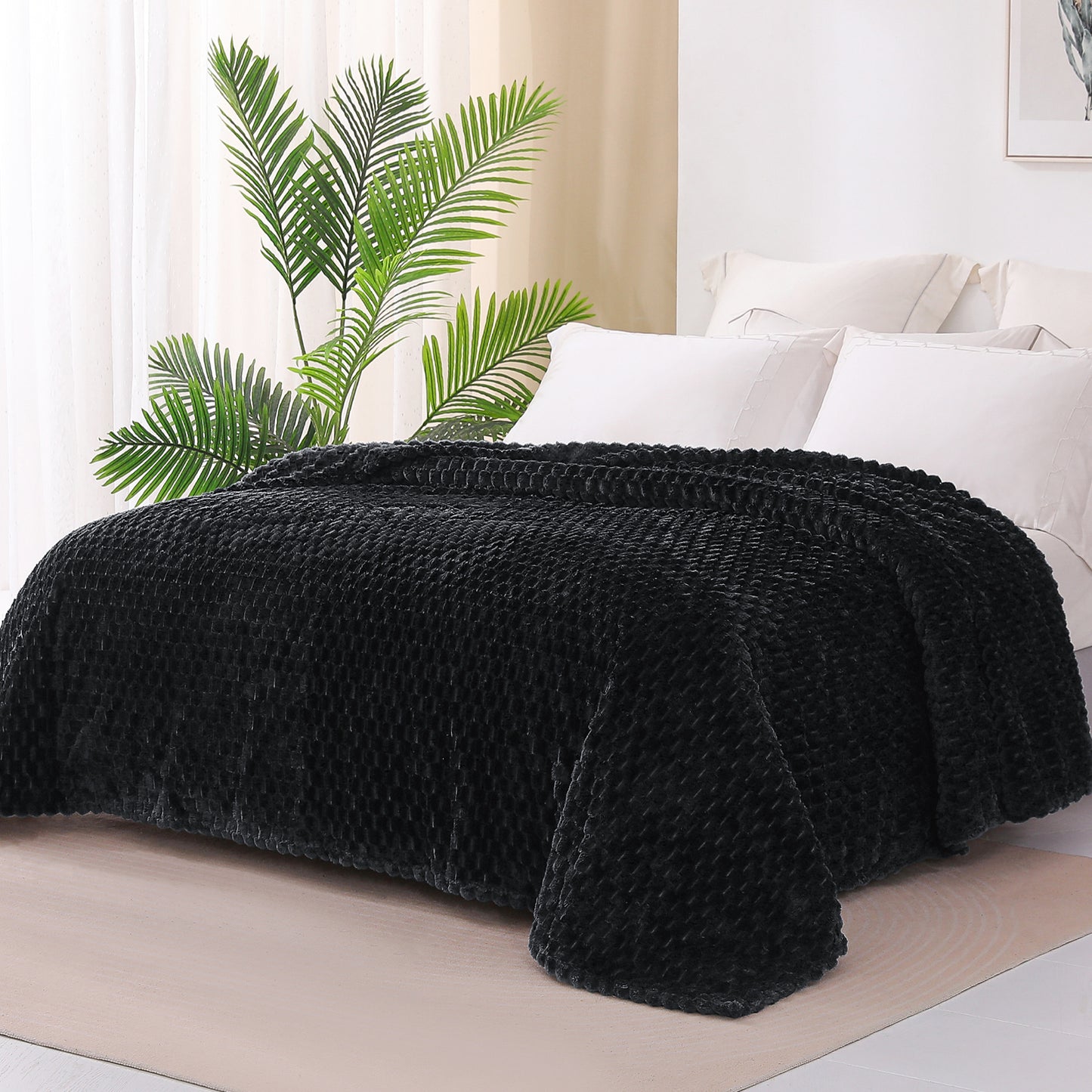 Exclusivo Mezcla Twin Size Soft Fleece Blanket, 90x66 Inches 3D Clouds Stylish Jacquard Velvet Blanket for Bed, Cozy Soft Lightweight for All Season, Black Blanket