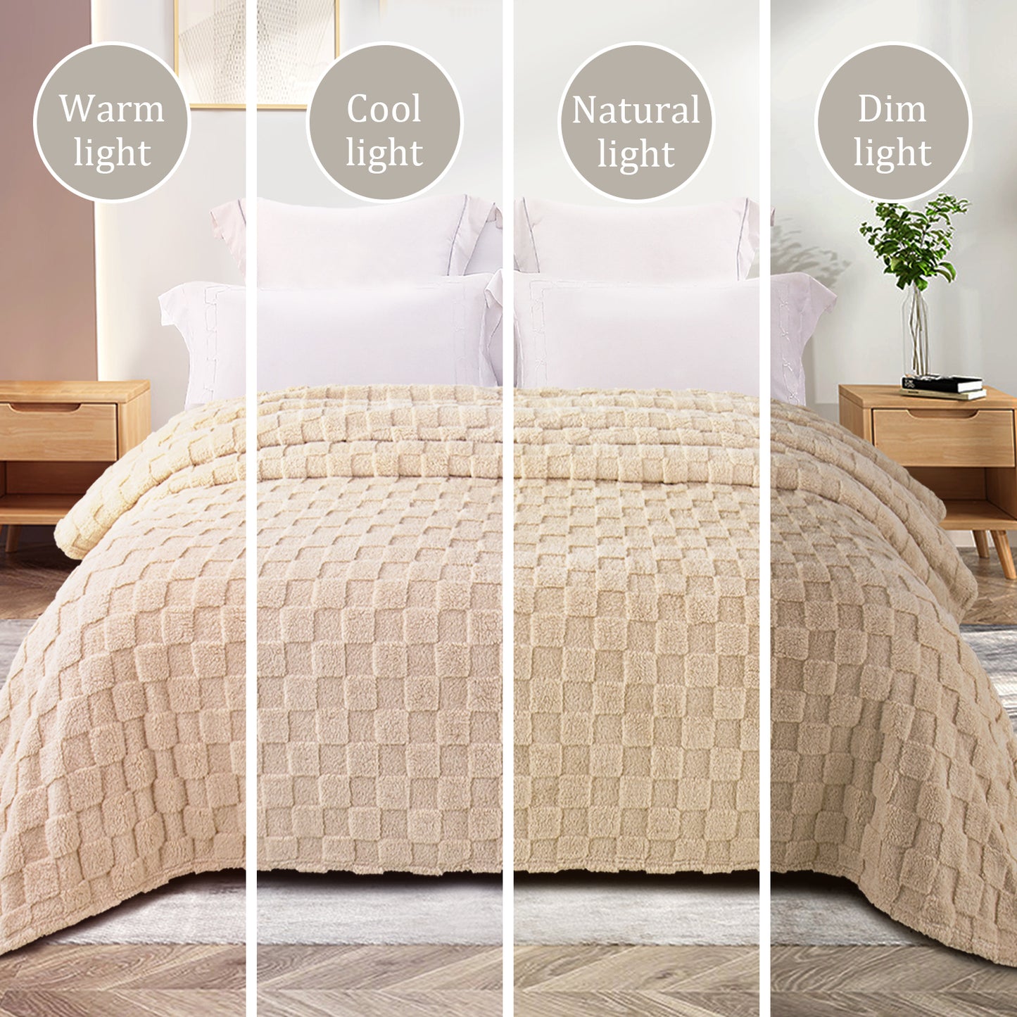 Exclusivo Mezcla Fleece Throw Blanket for Couch, Super Soft 3D Checkered Jacquard Bed Blanket, Cozy Fluffy Lightweight Blanket for All Seasons, 50x60 Inches, Beige Blanket