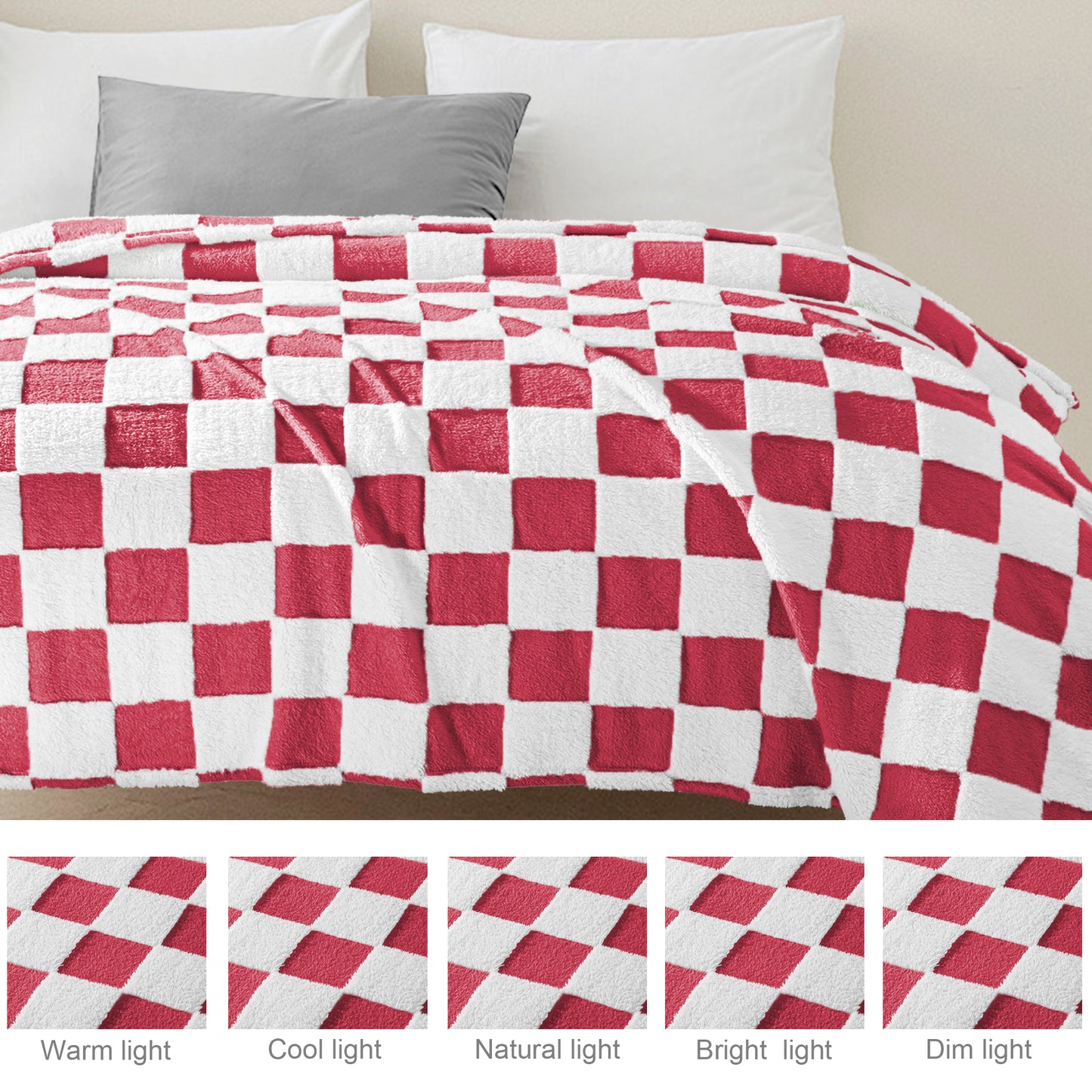 Exclusivo Mezcla Fleece Blanket King Size, Cozy Lightweight Fuzzy Checkered Blanket for Bed, Suitable for All Season, Red, 90" x 104"