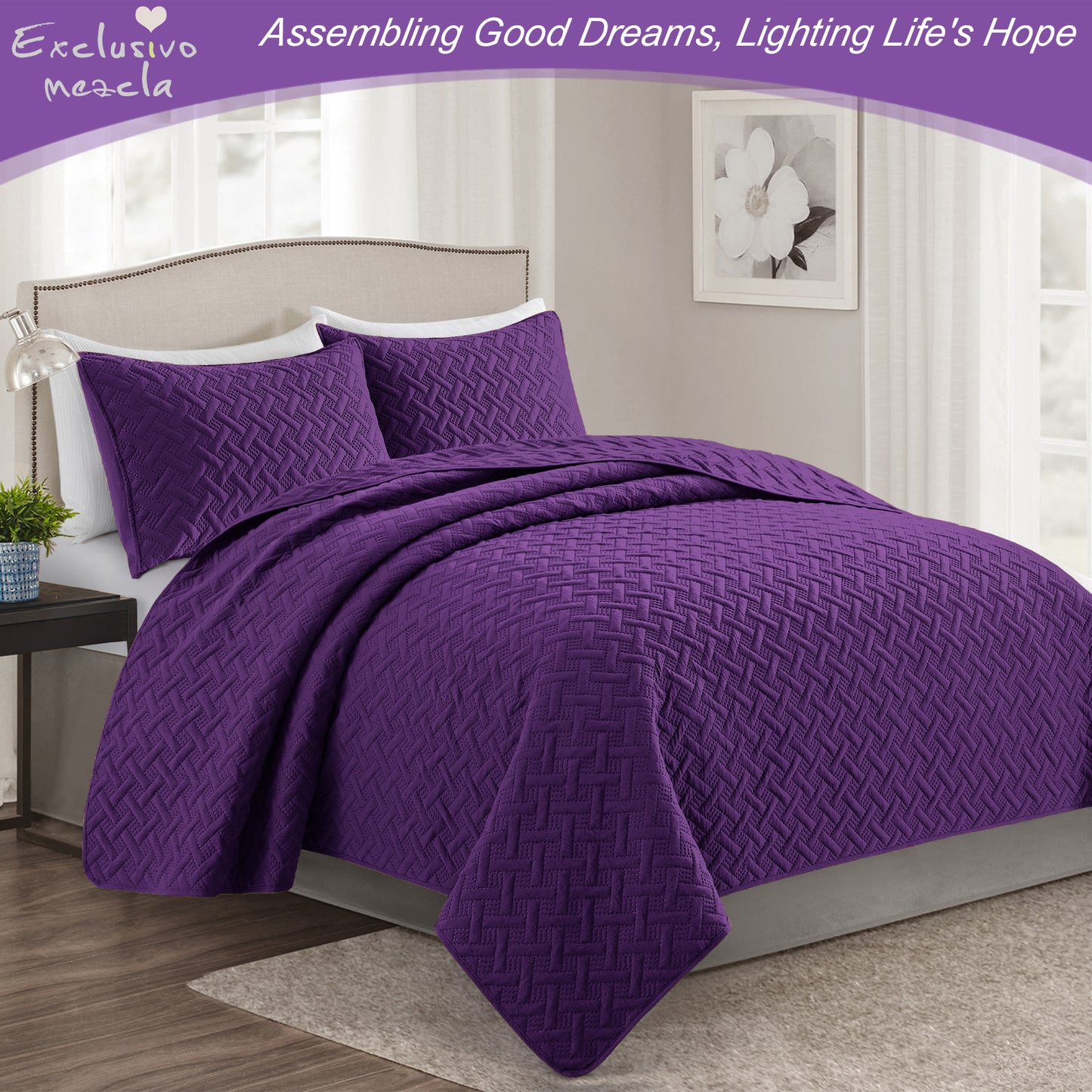 Exclusivo Mezcla 2-Piece Deep Purple Twin Size Quilt Set, Weave Pattern Ultrasonic Lightweight and Soft Quilts/Bedspreads/Coverlets/Bedding Set (1 Quilt, 1 Pillow Sham) for All Seasons