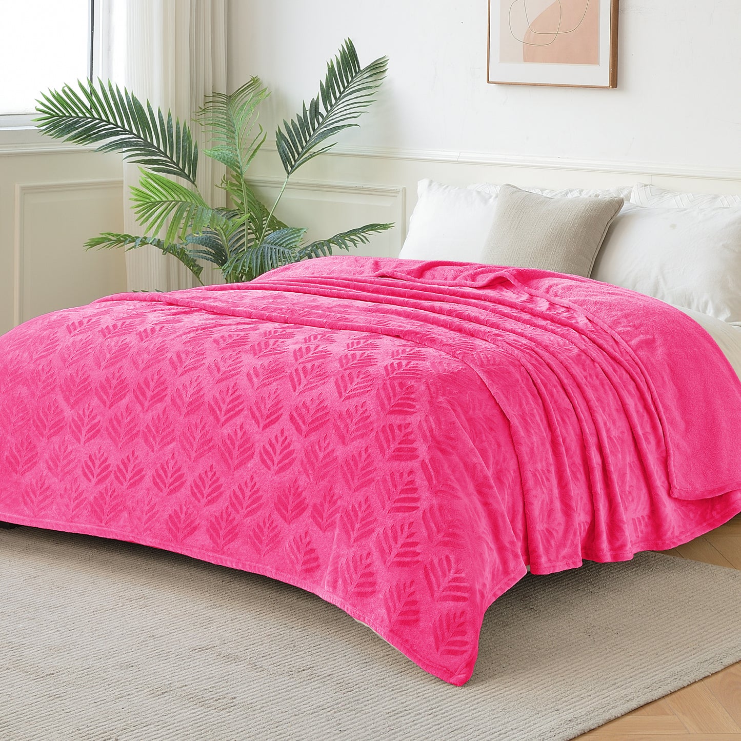 Exclusivo Mezcla Twin size Blanket for Bed, Super Soft and Warm Hot Pink Blankets for All Seasons, Flannel Fleece Leaves Pattern Bed Blanket, Plush Fuzzy and Thick, 60x80 Inch