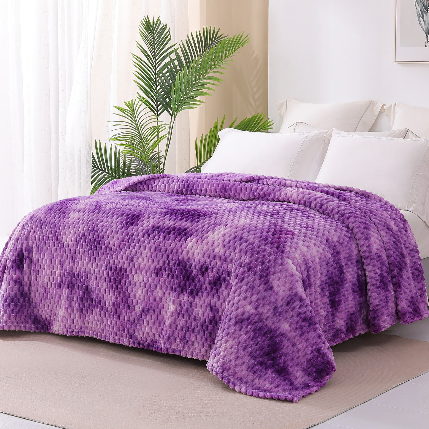 Exclusivo Mezcla Twin Size Flannel Fleece Blanket, 60x80 Inches Stylish Jacquard Velvet Plush Blanket for Bed, Cozy, Warm, Lightweight and Decorative Purple Blanket